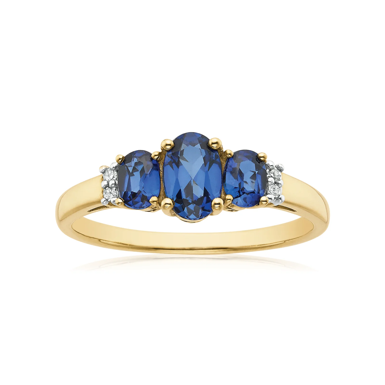9ct Yellow Gold Oval Cut Created Blue Sapphire & Diamond Set Ring