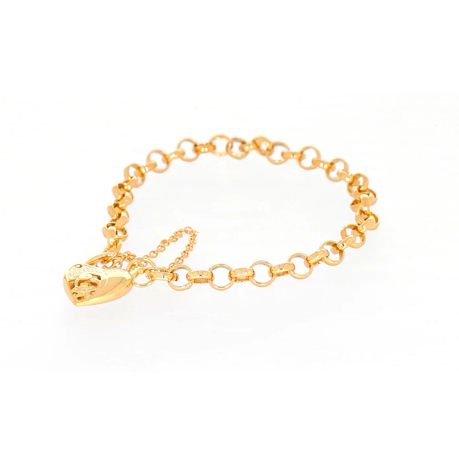 9ct Yellow Gold Silver Filled 19cm Round Belcher Heart Padlock Bracelet - Image 10