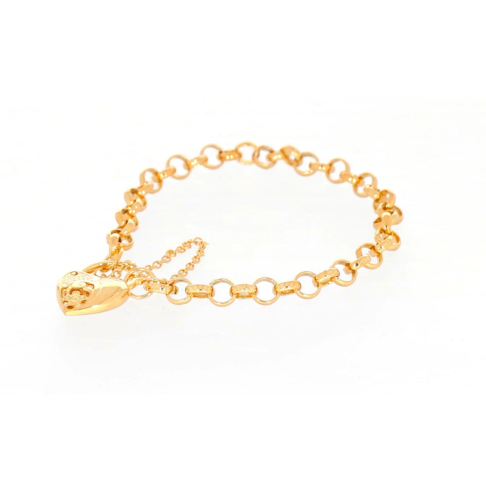 9ct Yellow Gold Silver Filled 19cm Round Belcher Heart Padlock Bracelet - Image 11