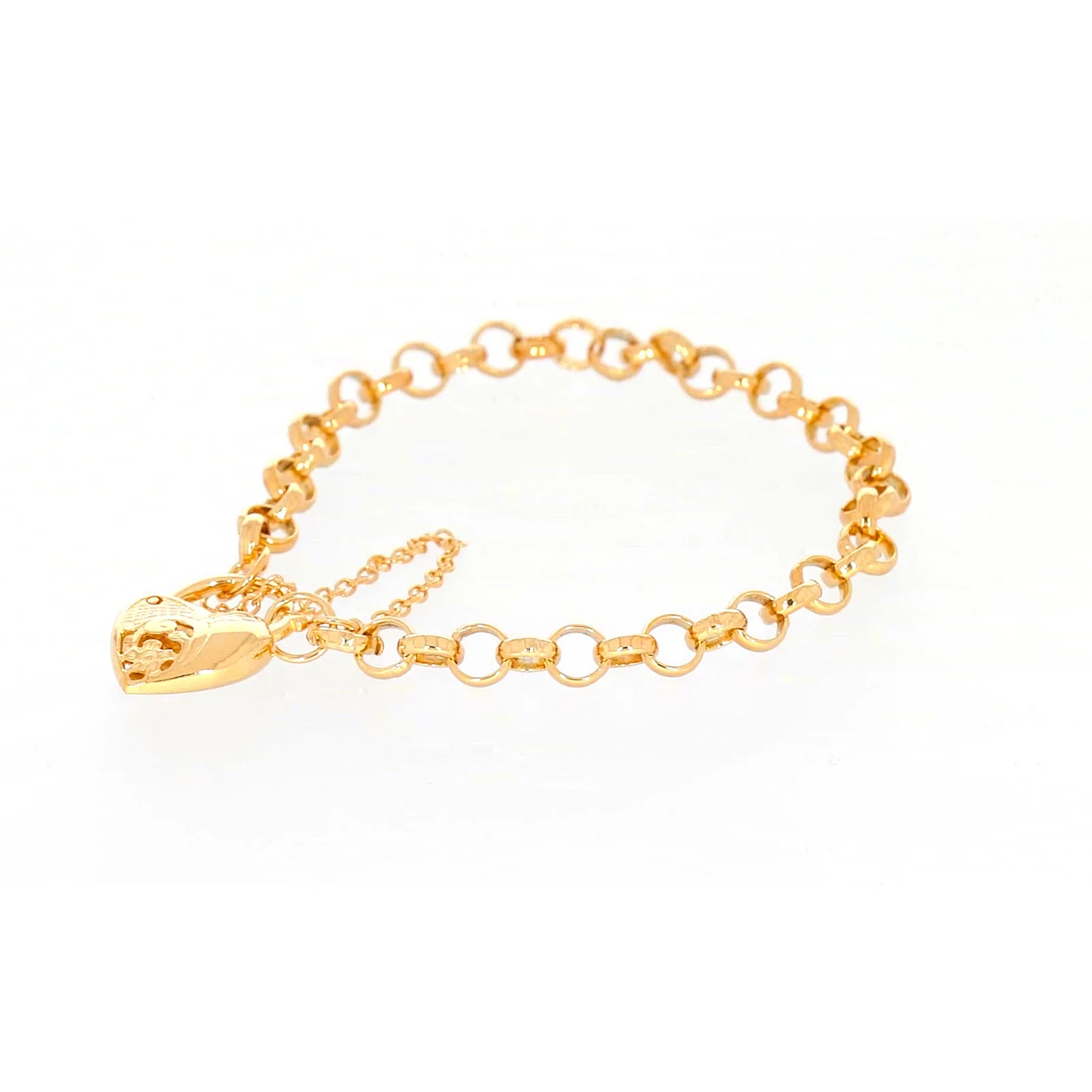 9ct Yellow Gold Silver Filled 19cm Round Belcher Heart Padlock Bracelet - Image 12