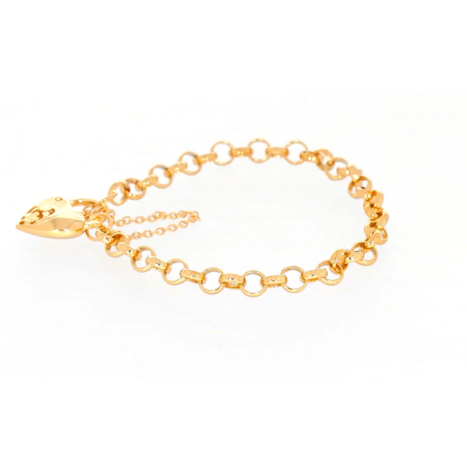 9ct Yellow Gold Silver Filled 19cm Round Belcher Heart Padlock Bracelet - Image 19