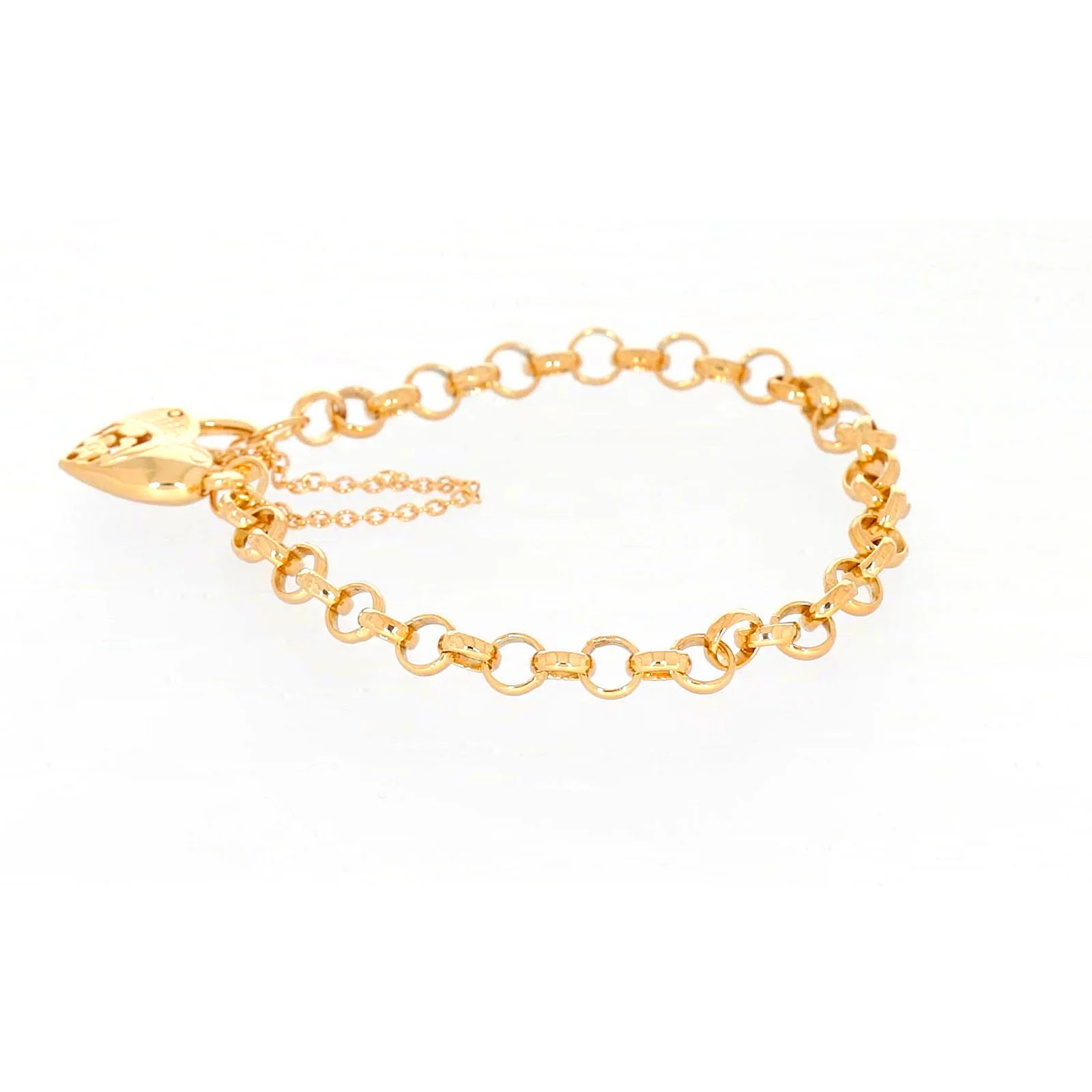 9ct Yellow Gold Silver Filled 19cm Round Belcher Heart Padlock Bracelet - Image 22