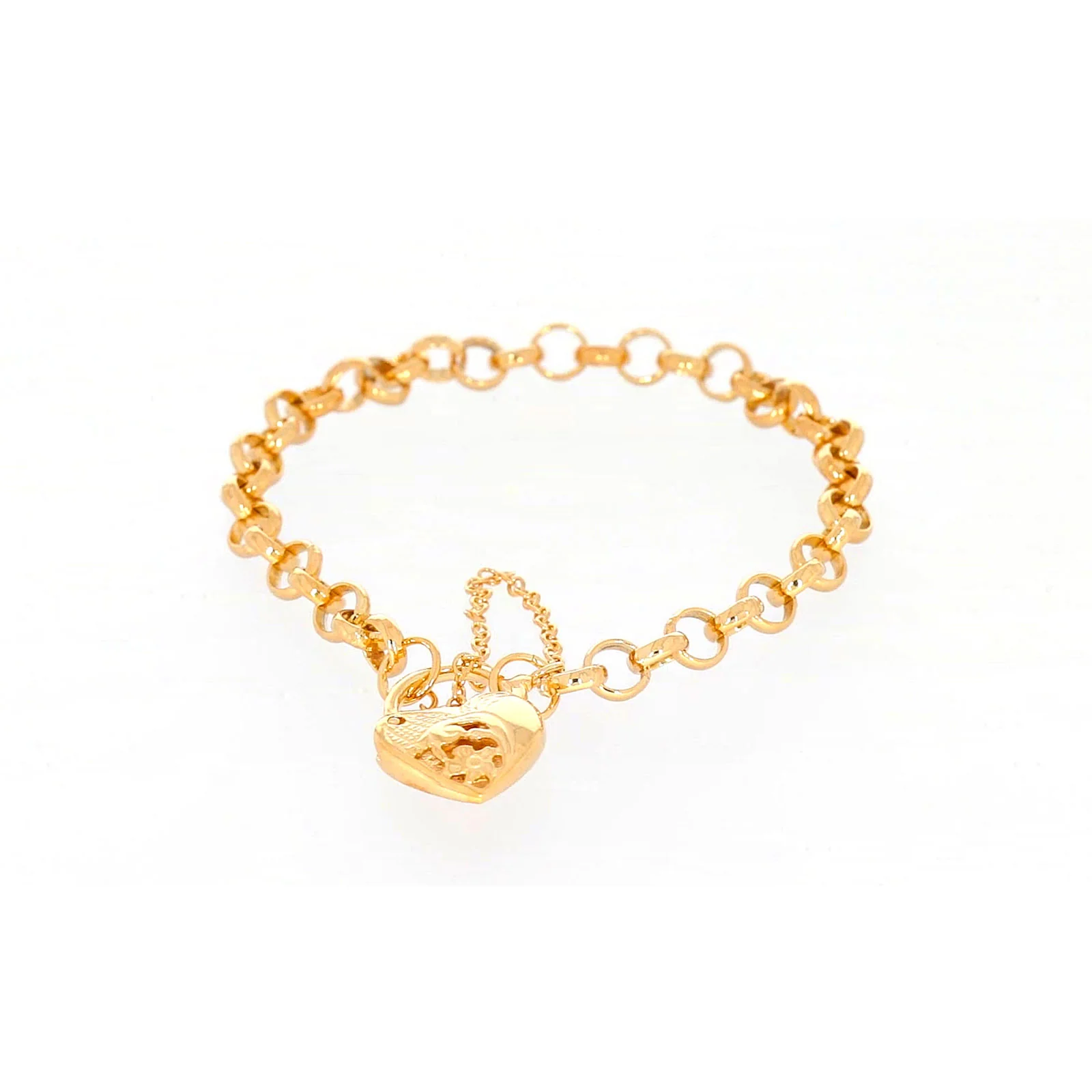 9ct Yellow Gold Silver Filled 19cm Round Belcher Heart Padlock Bracelet - Image 3