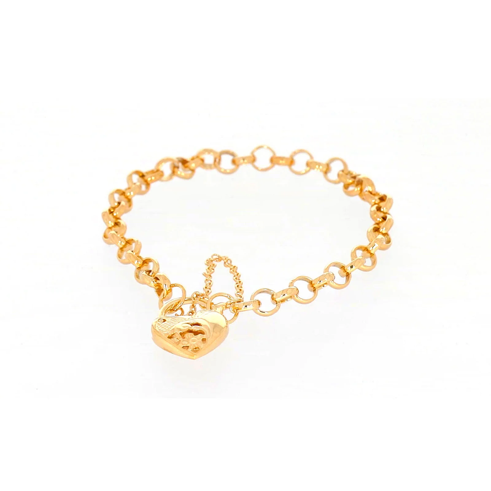 9ct Yellow Gold Silver Filled 19cm Round Belcher Heart Padlock Bracelet - Image 4