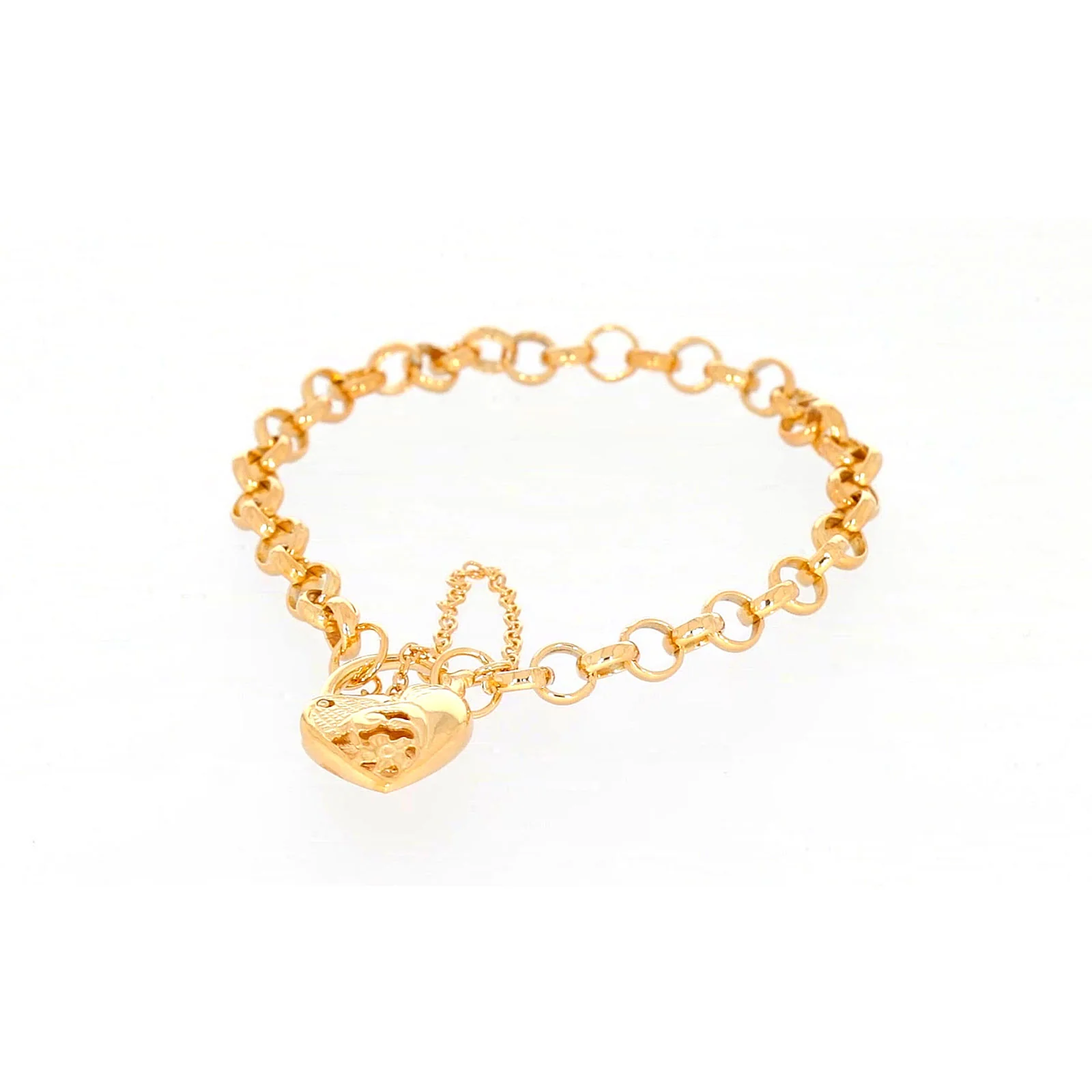 9ct Yellow Gold Silver Filled 19cm Round Belcher Heart Padlock Bracelet - Image 5