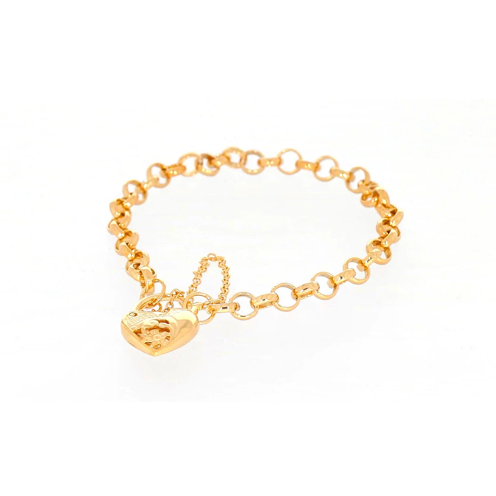 9ct Yellow Gold Silver Filled 19cm Round Belcher Heart Padlock Bracelet - Image 6