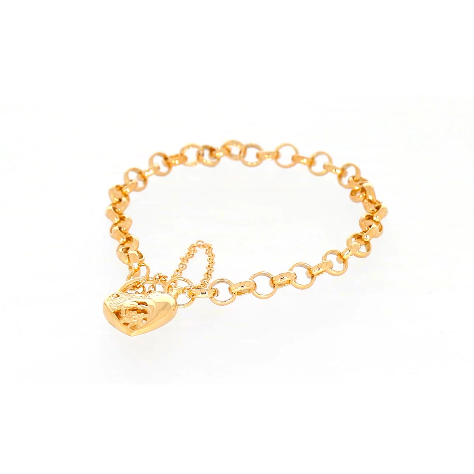9ct Yellow Gold Silver Filled 19cm Round Belcher Heart Padlock Bracelet - Image 7