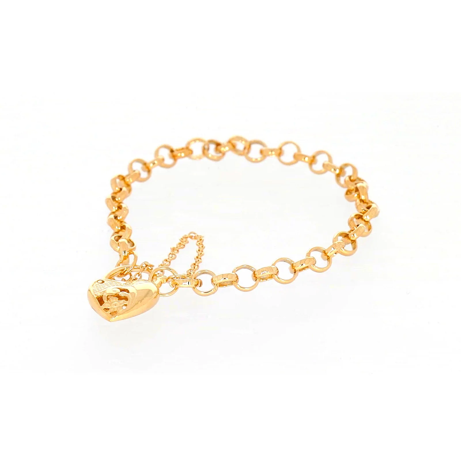 9ct Yellow Gold Silver Filled 19cm Round Belcher Heart Padlock Bracelet - Image 8