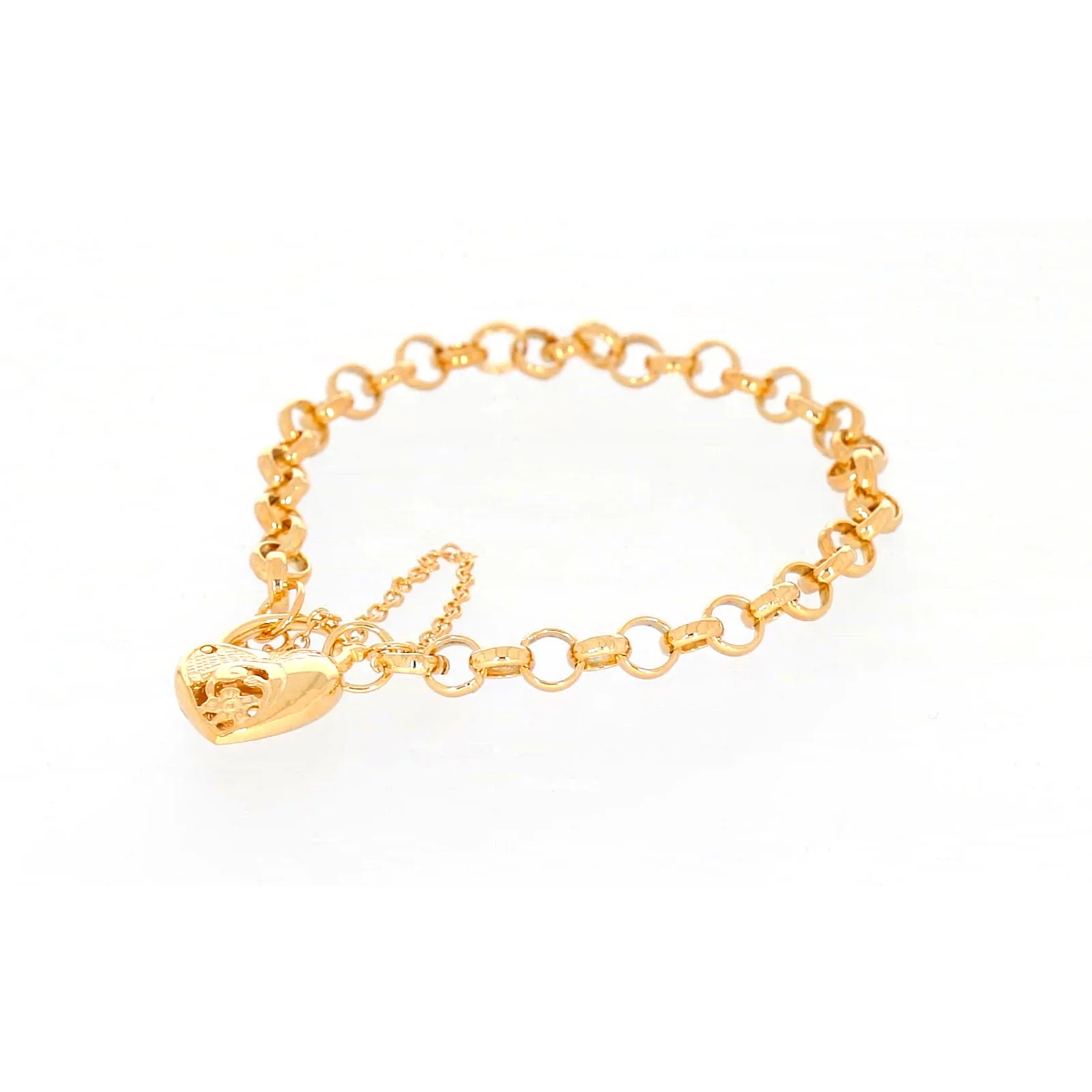 9ct Yellow Gold Silver Filled 19cm Round Belcher Heart Padlock Bracelet - Image 9