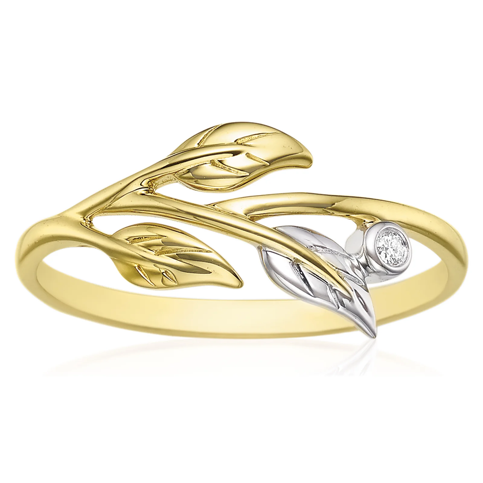 9ct Two Tone Gold & Diamond Set Leaf Ring