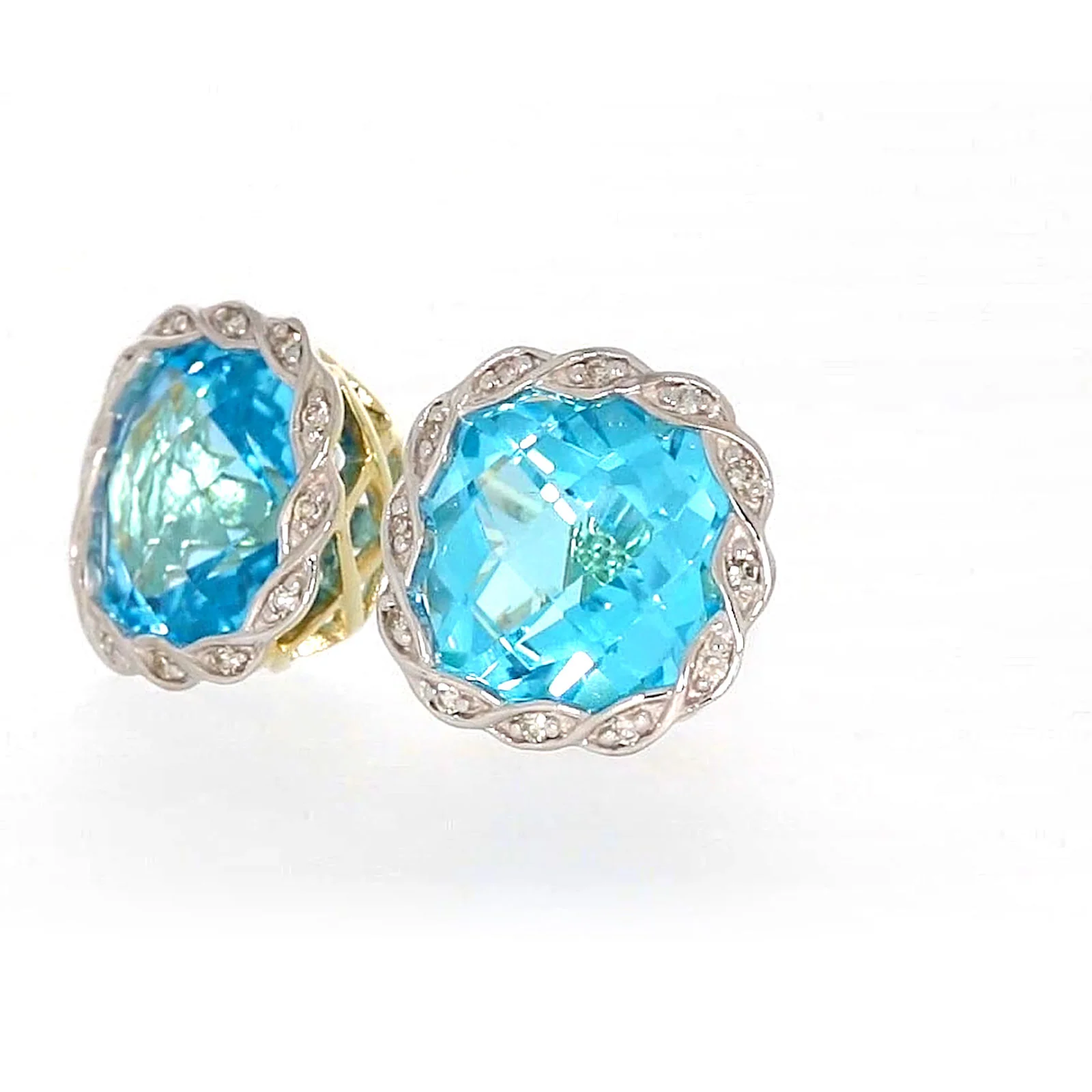 9ct Two Tone Gold Cushion & Round Brilliant Cut Blue Topaz & Diamond Set Stud Earrings - Image 10