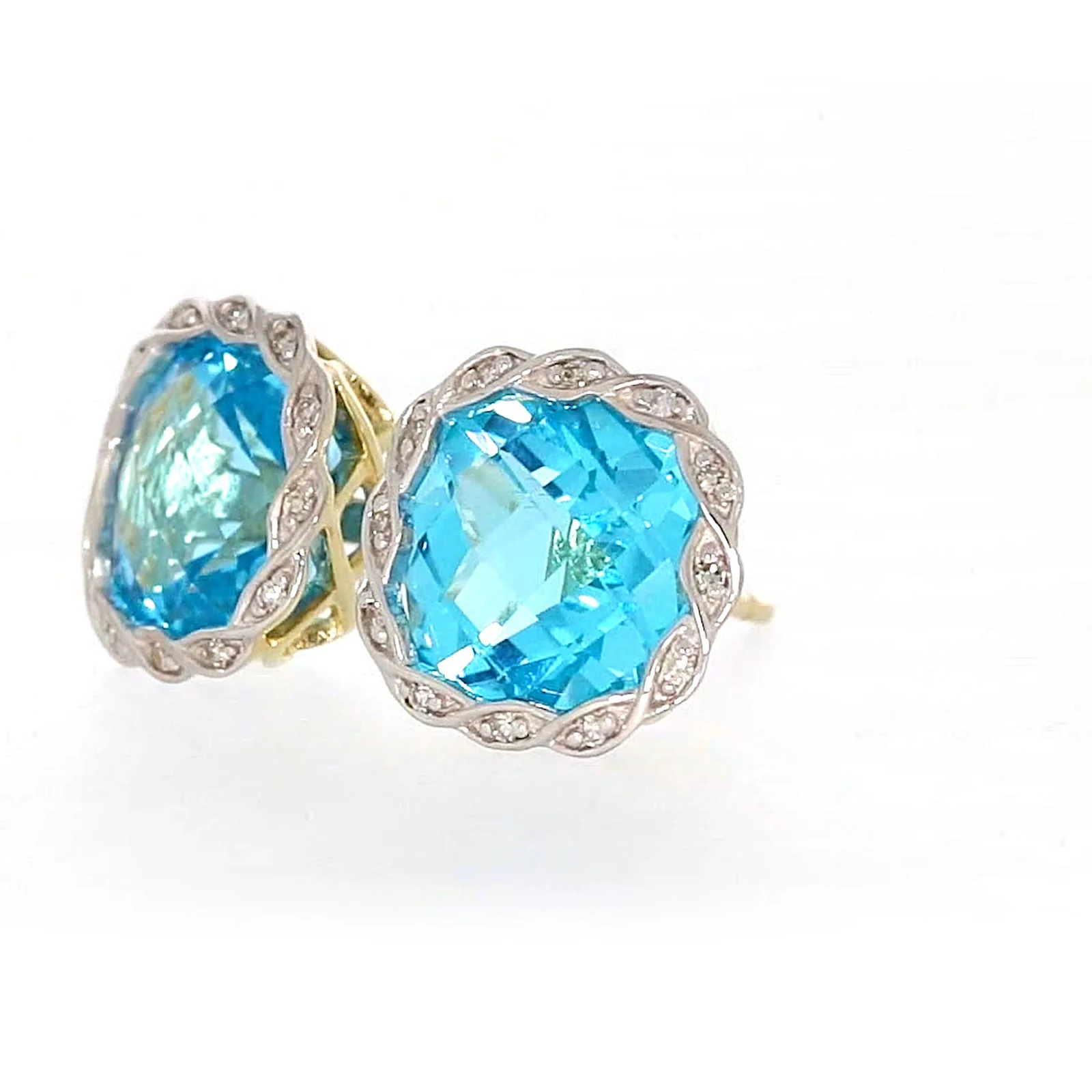 9ct Two Tone Gold Cushion & Round Brilliant Cut Blue Topaz & Diamond Set Stud Earrings - Image 11