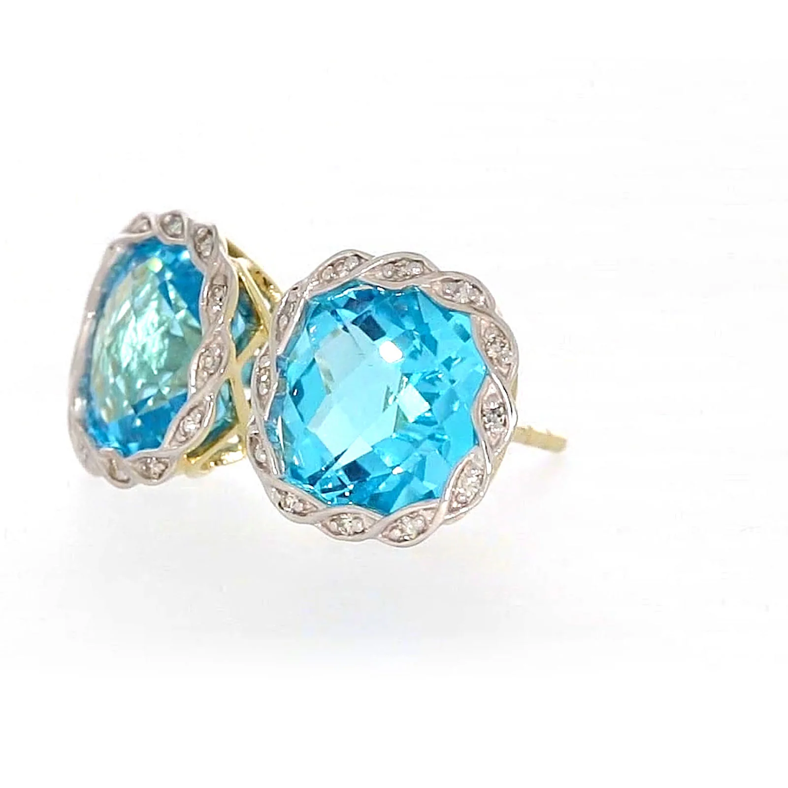 9ct Two Tone Gold Cushion & Round Brilliant Cut Blue Topaz & Diamond Set Stud Earrings - Image 12