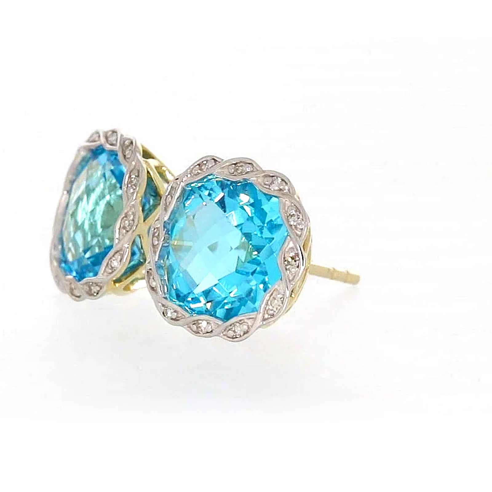 9ct Two Tone Gold Cushion & Round Brilliant Cut Blue Topaz & Diamond Set Stud Earrings - Image 13