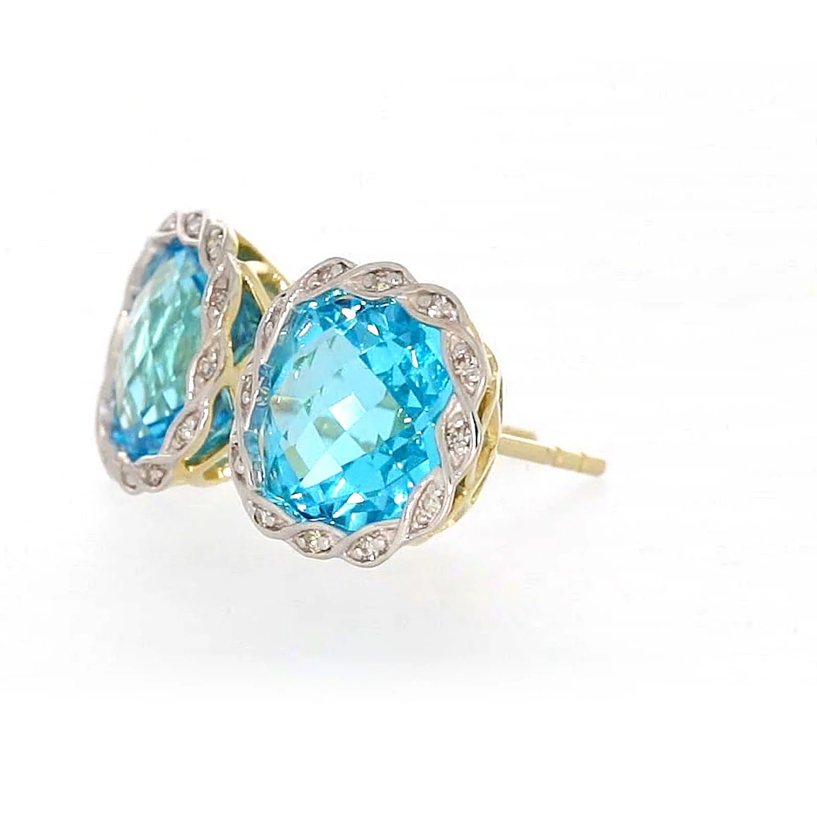9ct Two Tone Gold Cushion & Round Brilliant Cut Blue Topaz & Diamond Set Stud Earrings - Image 14