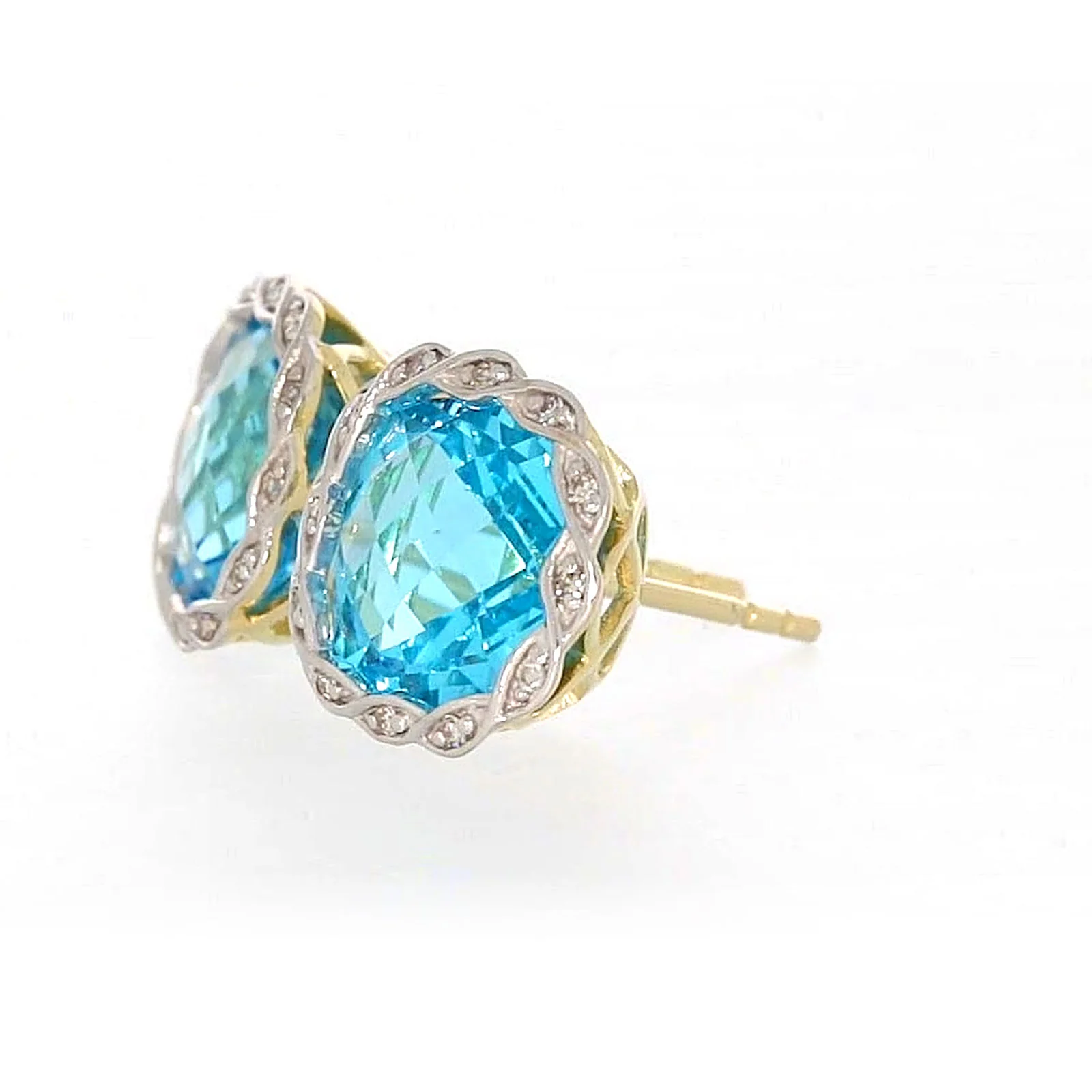 9ct Two Tone Gold Cushion & Round Brilliant Cut Blue Topaz & Diamond Set Stud Earrings - Image 15