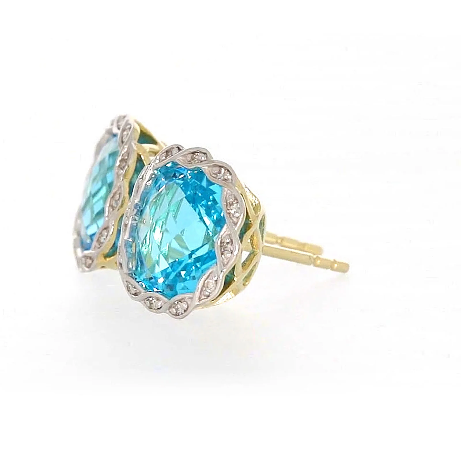 9ct Two Tone Gold Cushion & Round Brilliant Cut Blue Topaz & Diamond Set Stud Earrings - Image 16