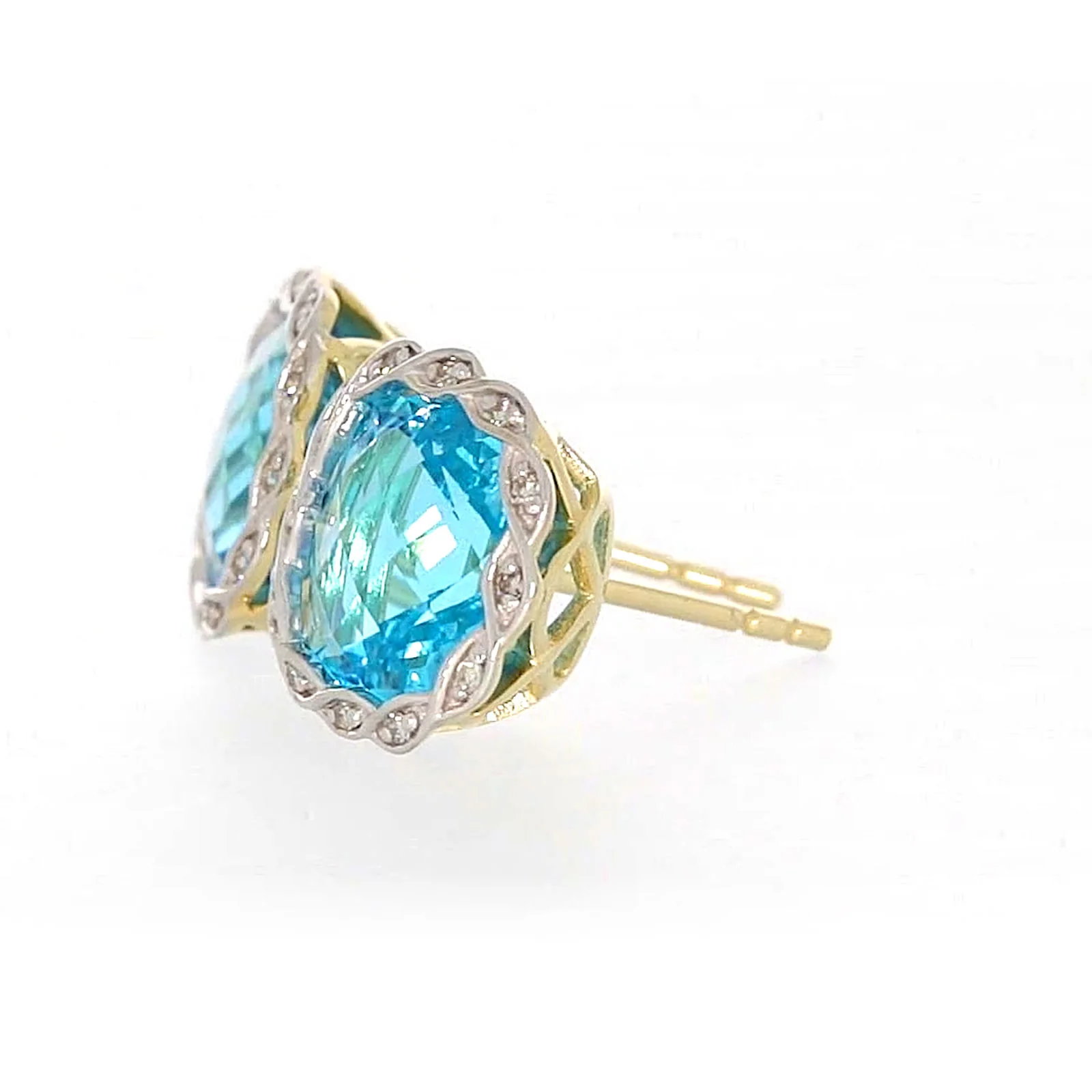 9ct Two Tone Gold Cushion & Round Brilliant Cut Blue Topaz & Diamond Set Stud Earrings - Image 17