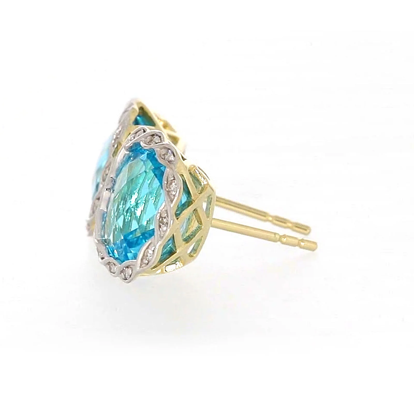 9ct Two Tone Gold Cushion & Round Brilliant Cut Blue Topaz & Diamond Set Stud Earrings - Image 19