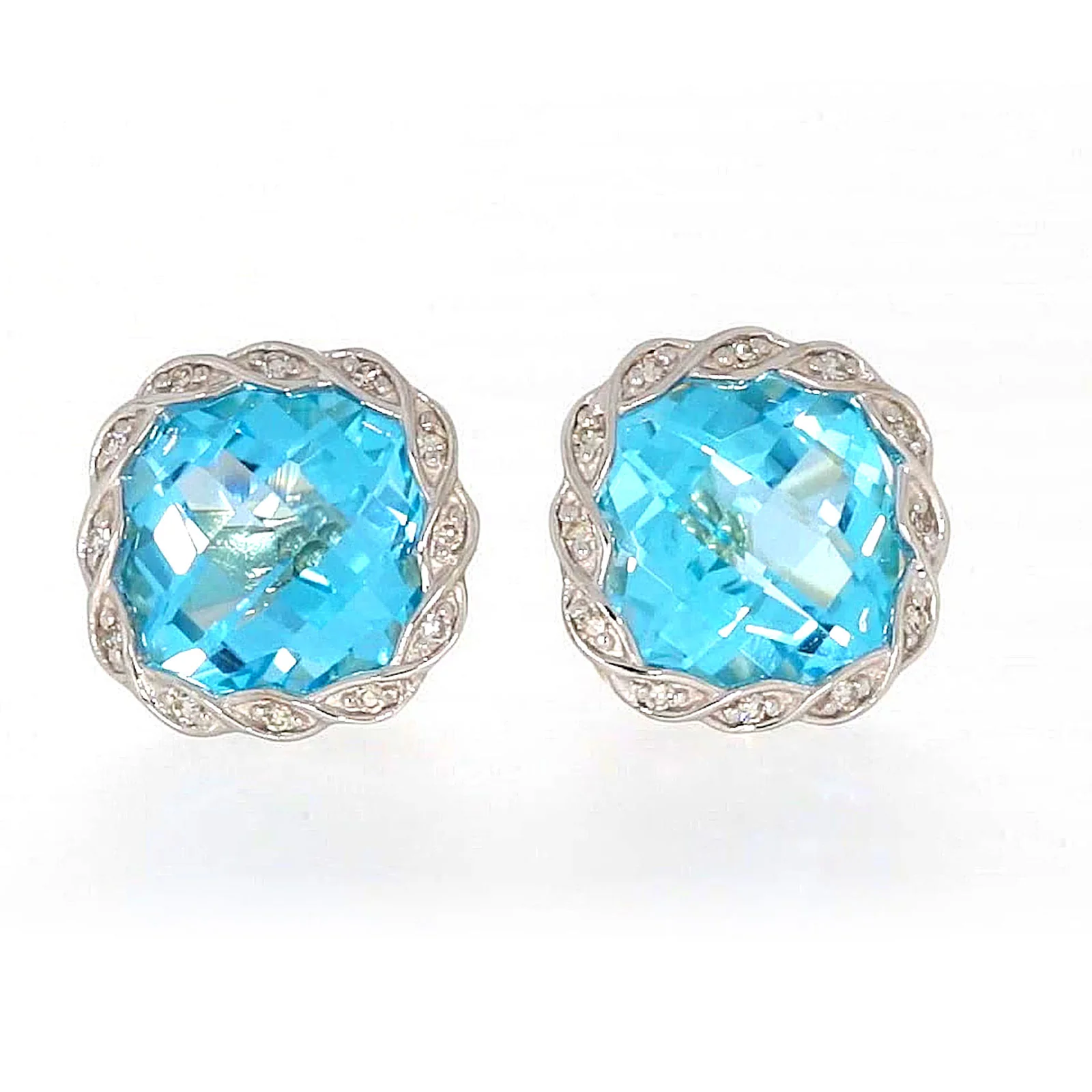 9ct Two Tone Gold Cushion & Round Brilliant Cut Blue Topaz & Diamond Set Stud Earrings - Image 2