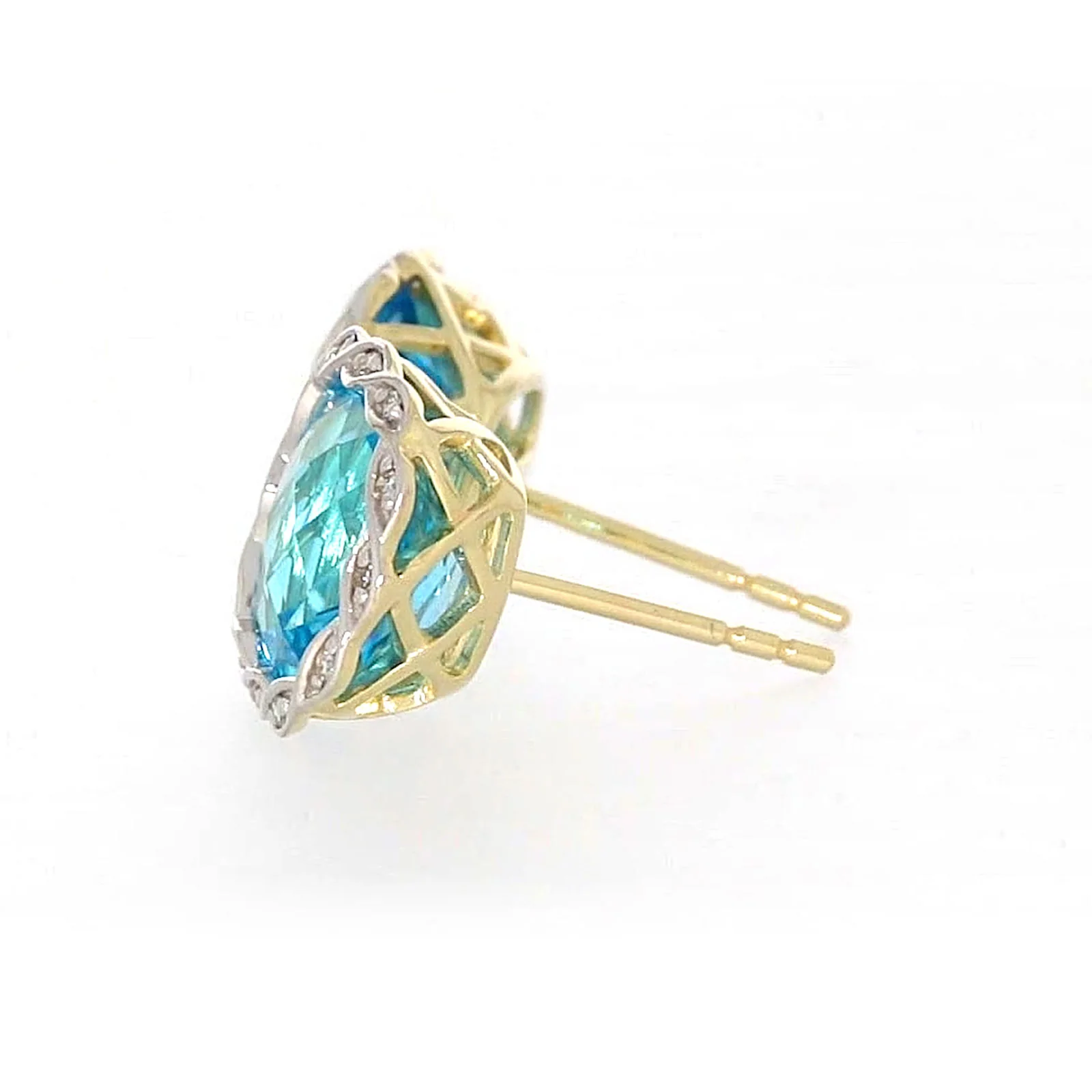 9ct Two Tone Gold Cushion & Round Brilliant Cut Blue Topaz & Diamond Set Stud Earrings - Image 21