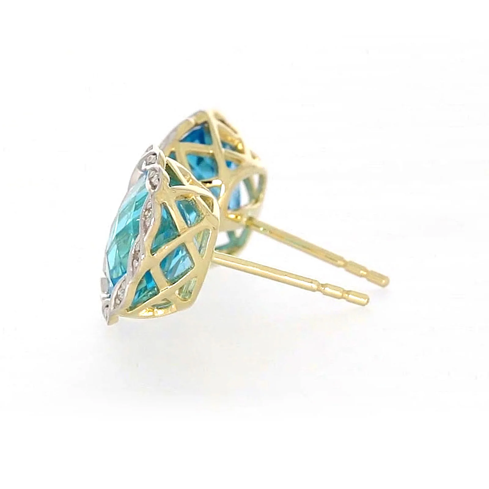 9ct Two Tone Gold Cushion & Round Brilliant Cut Blue Topaz & Diamond Set Stud Earrings - Image 23