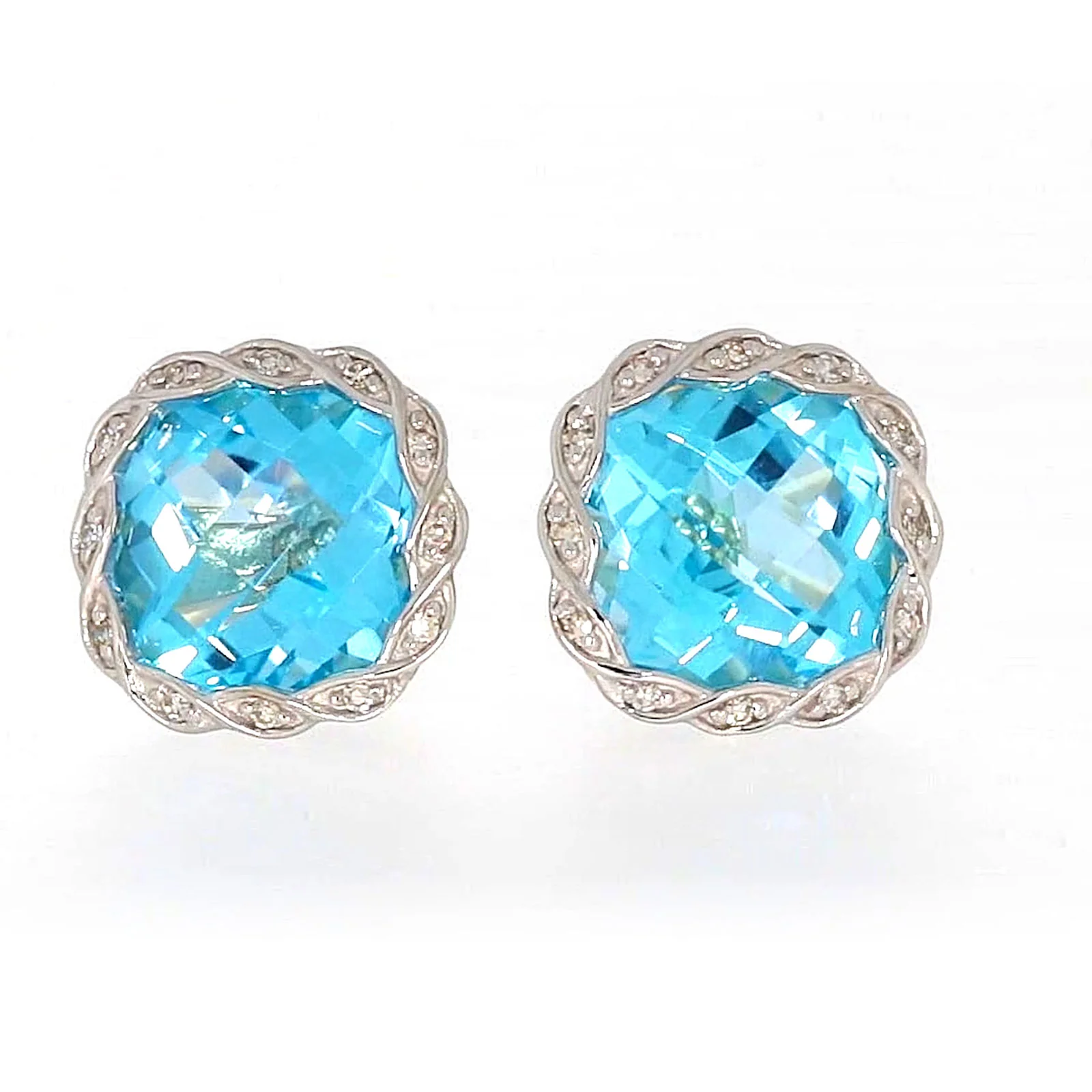 9ct Two Tone Gold Cushion & Round Brilliant Cut Blue Topaz & Diamond Set Stud Earrings - Image 3