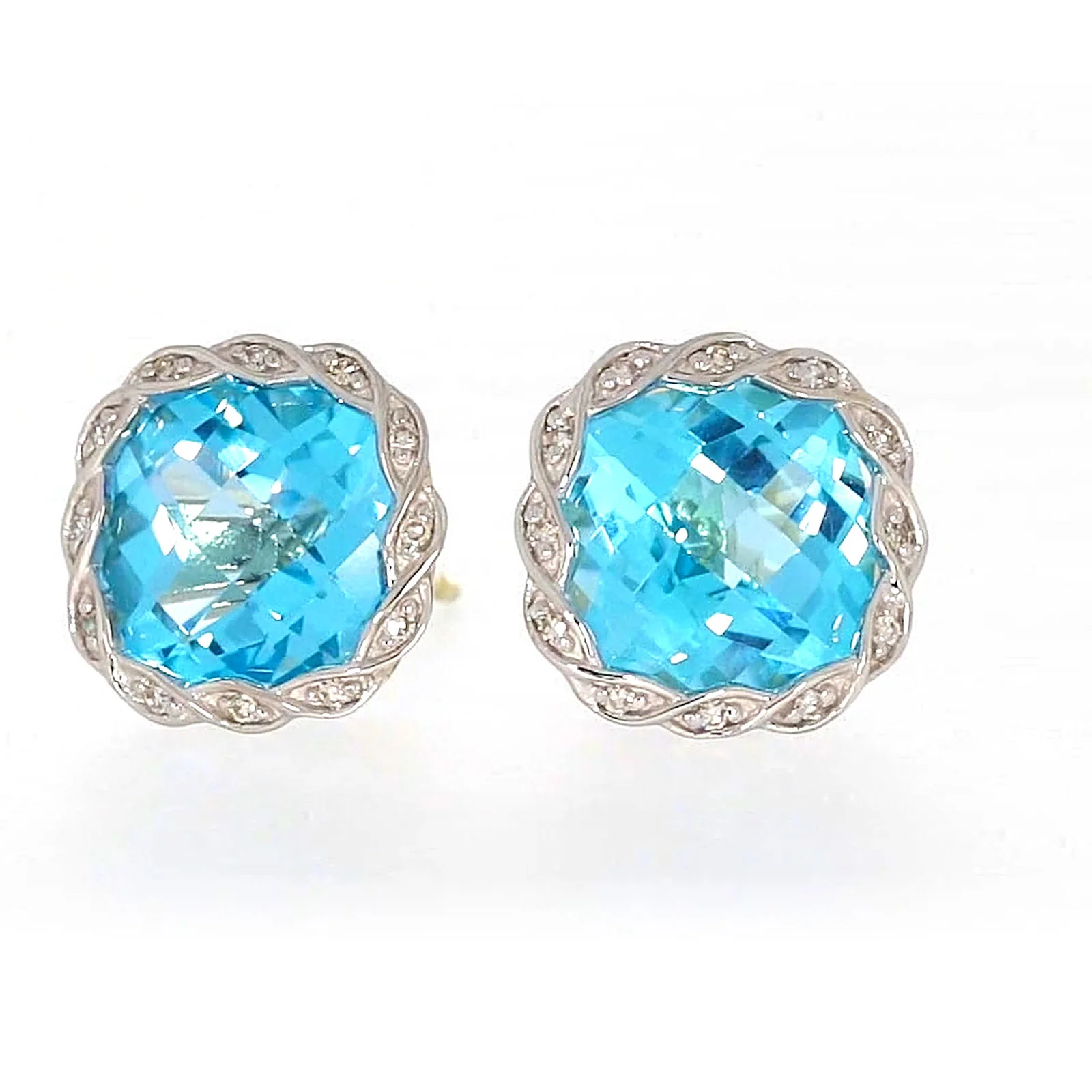 9ct Two Tone Gold Cushion & Round Brilliant Cut Blue Topaz & Diamond Set Stud Earrings - Image 4