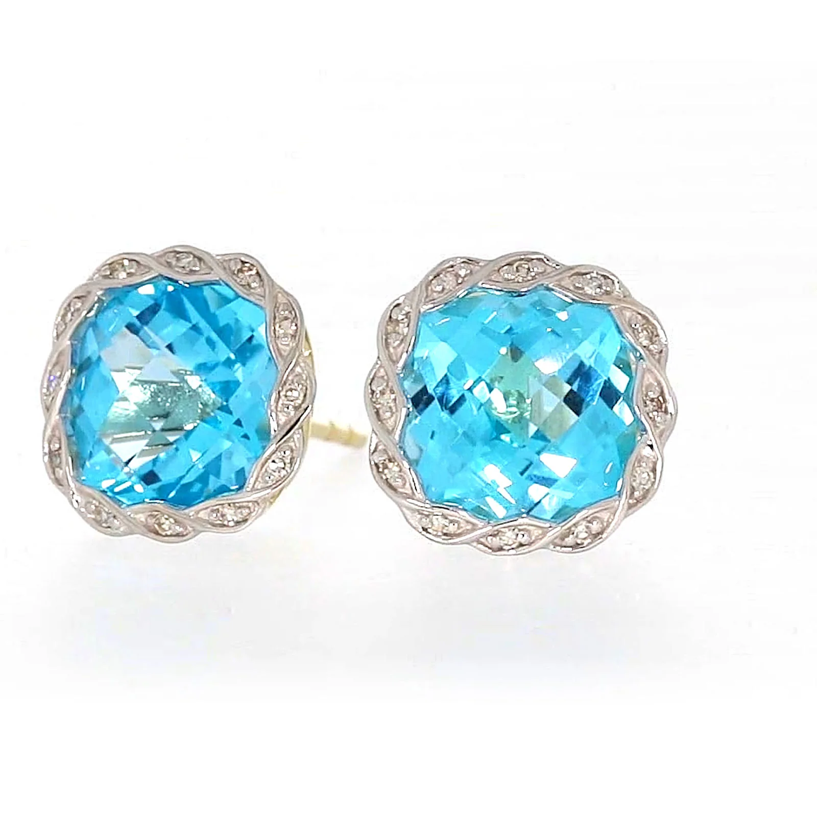 9ct Two Tone Gold Cushion & Round Brilliant Cut Blue Topaz & Diamond Set Stud Earrings - Image 5