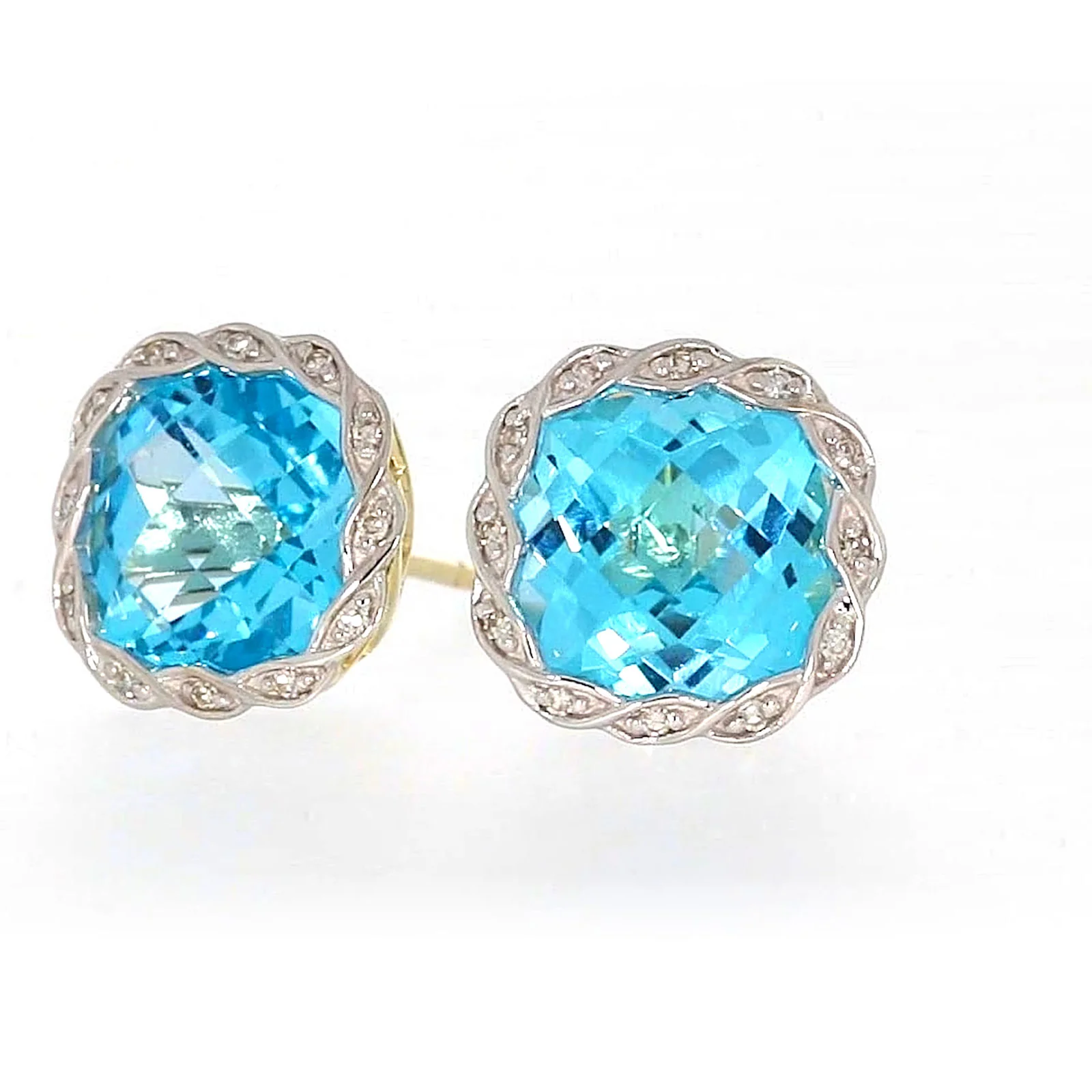 9ct Two Tone Gold Cushion & Round Brilliant Cut Blue Topaz & Diamond Set Stud Earrings - Image 6