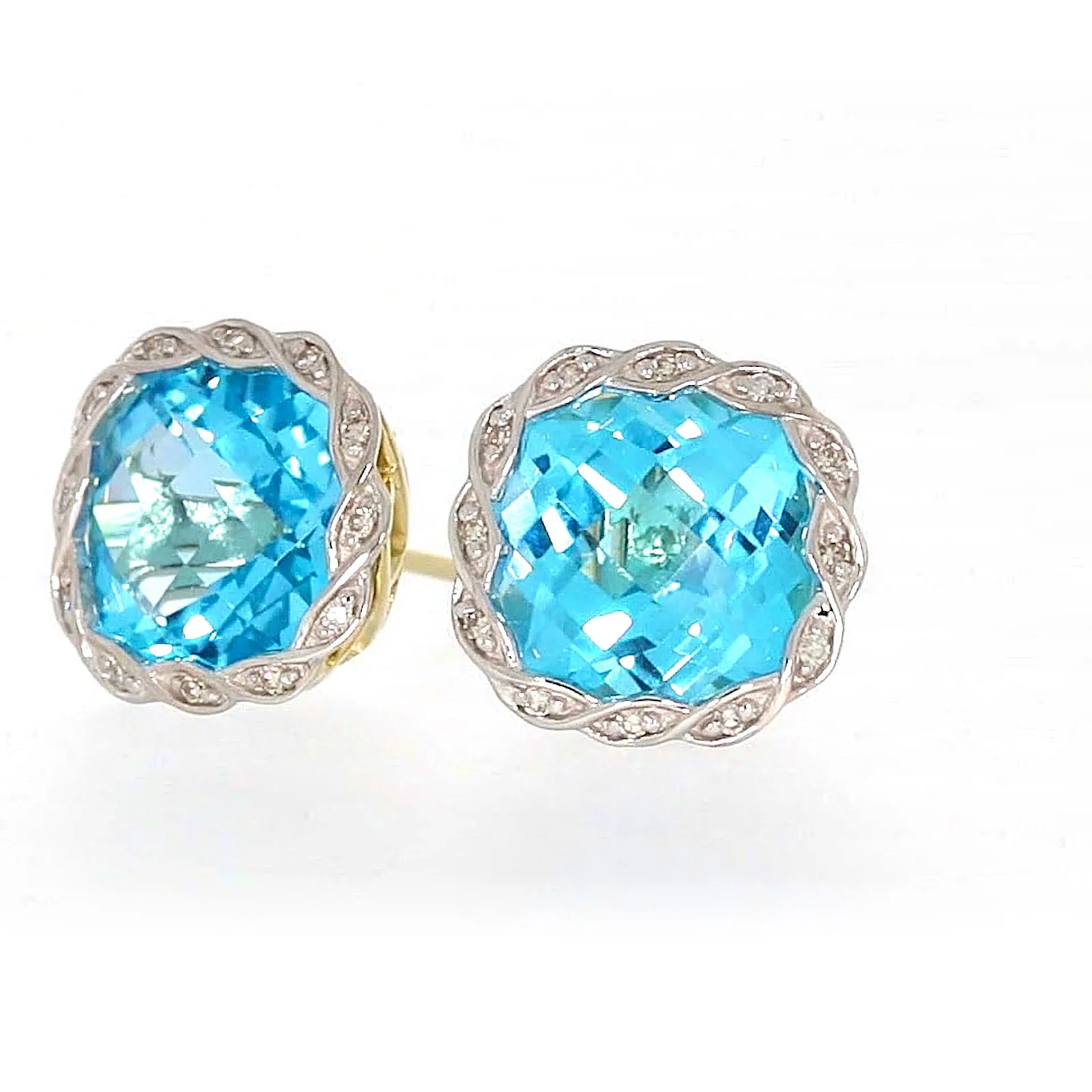 9ct Two Tone Gold Cushion & Round Brilliant Cut Blue Topaz & Diamond Set Stud Earrings - Image 7