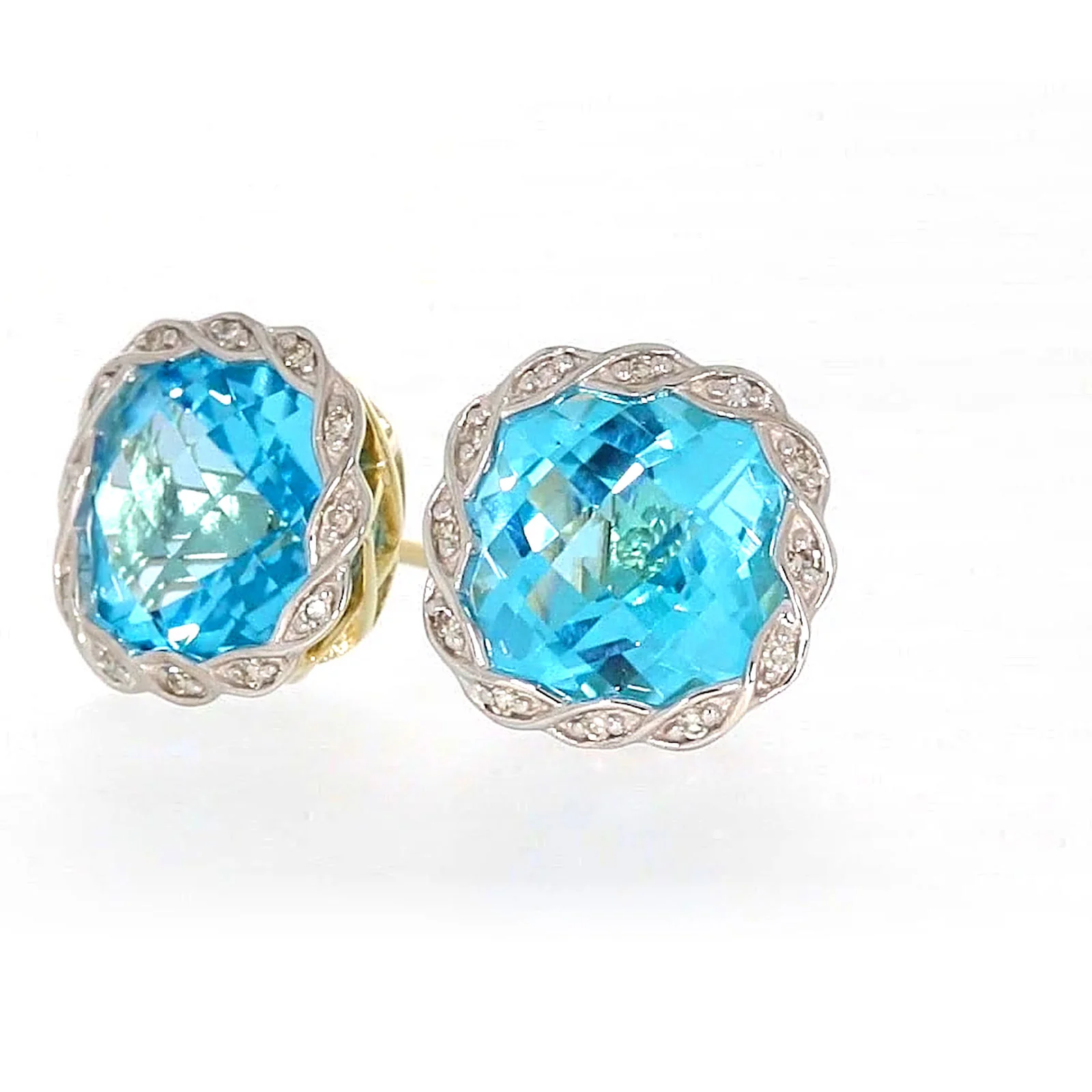 9ct Two Tone Gold Cushion & Round Brilliant Cut Blue Topaz & Diamond Set Stud Earrings - Image 8