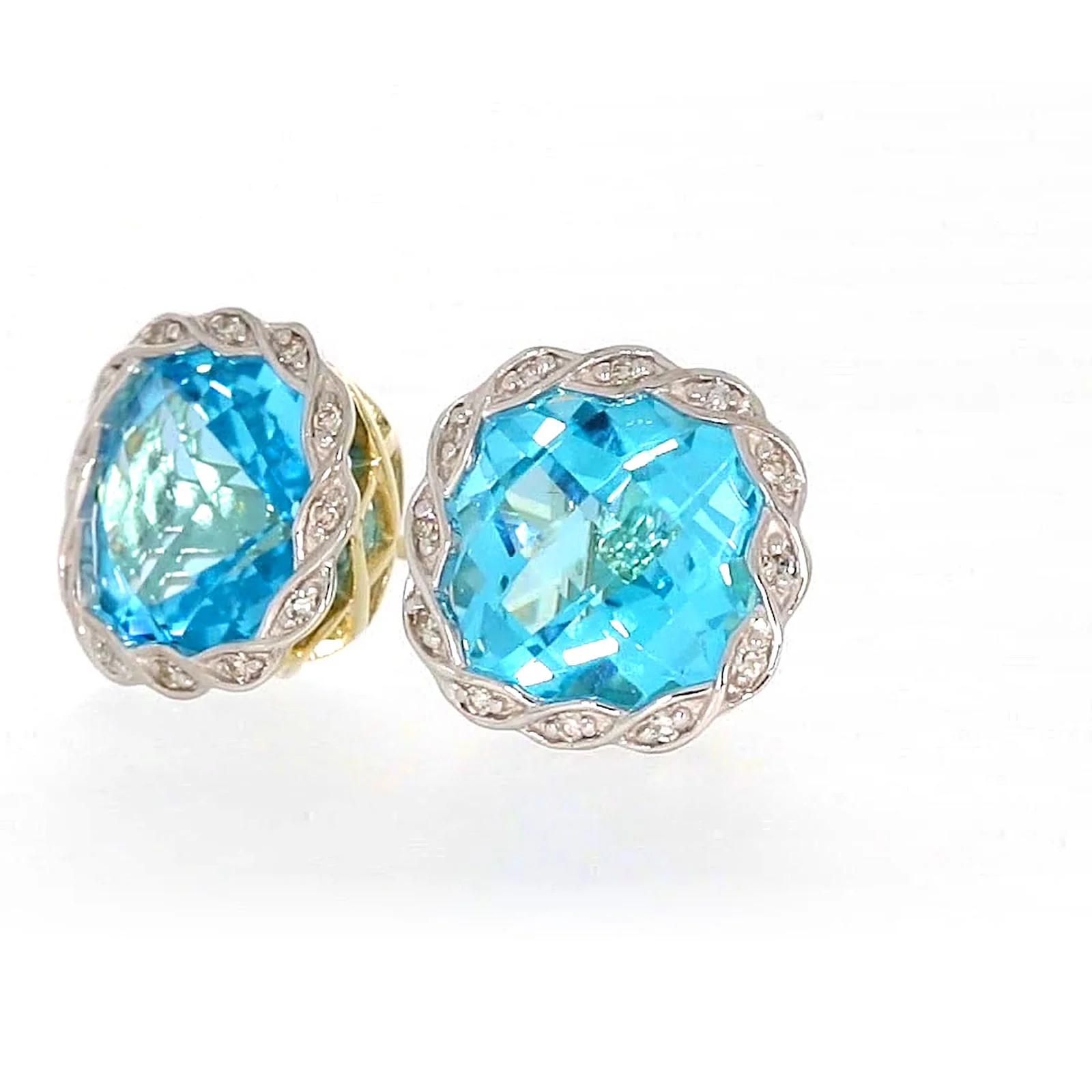 9ct Two Tone Gold Cushion & Round Brilliant Cut Blue Topaz & Diamond Set Stud Earrings - Image 9
