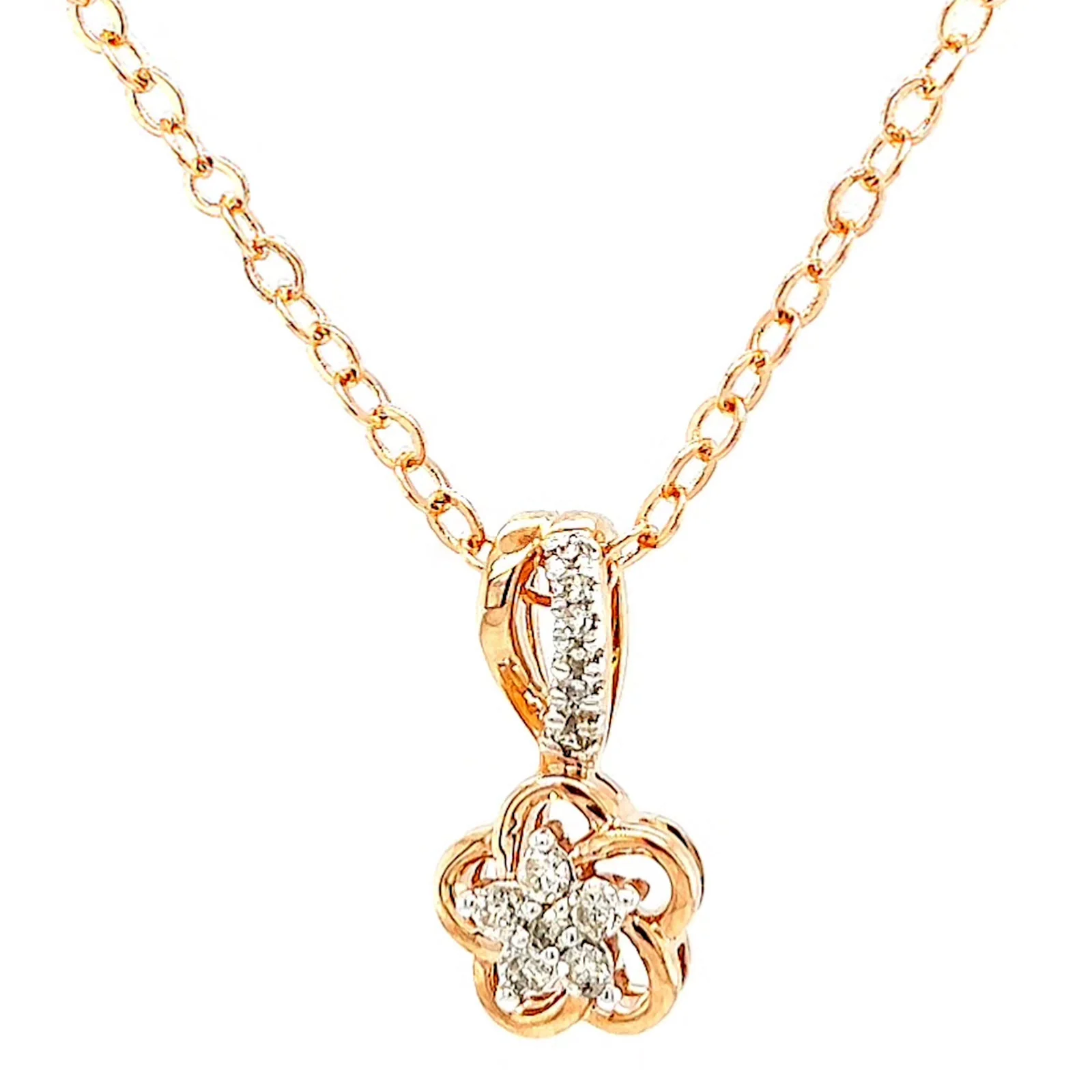 9ct Rose Gold Round Brilliant Cut Flower with 0.10 Carat tw of Diamond Pendant - Image 4