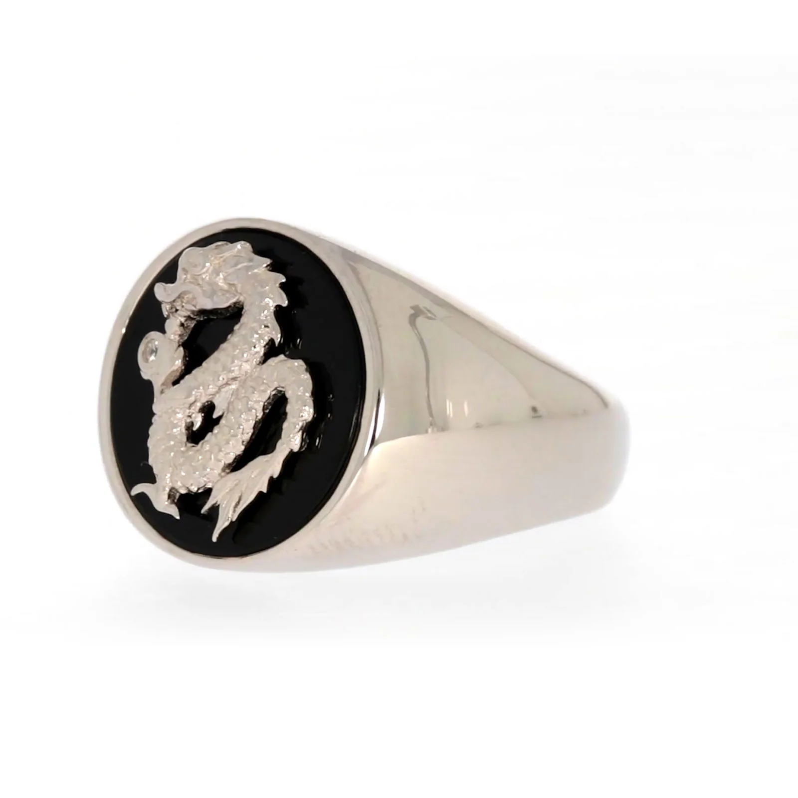 Sterling Silver Cubic Zirconia & Black Onyx Dragon Signet Mens Ring - Image 10