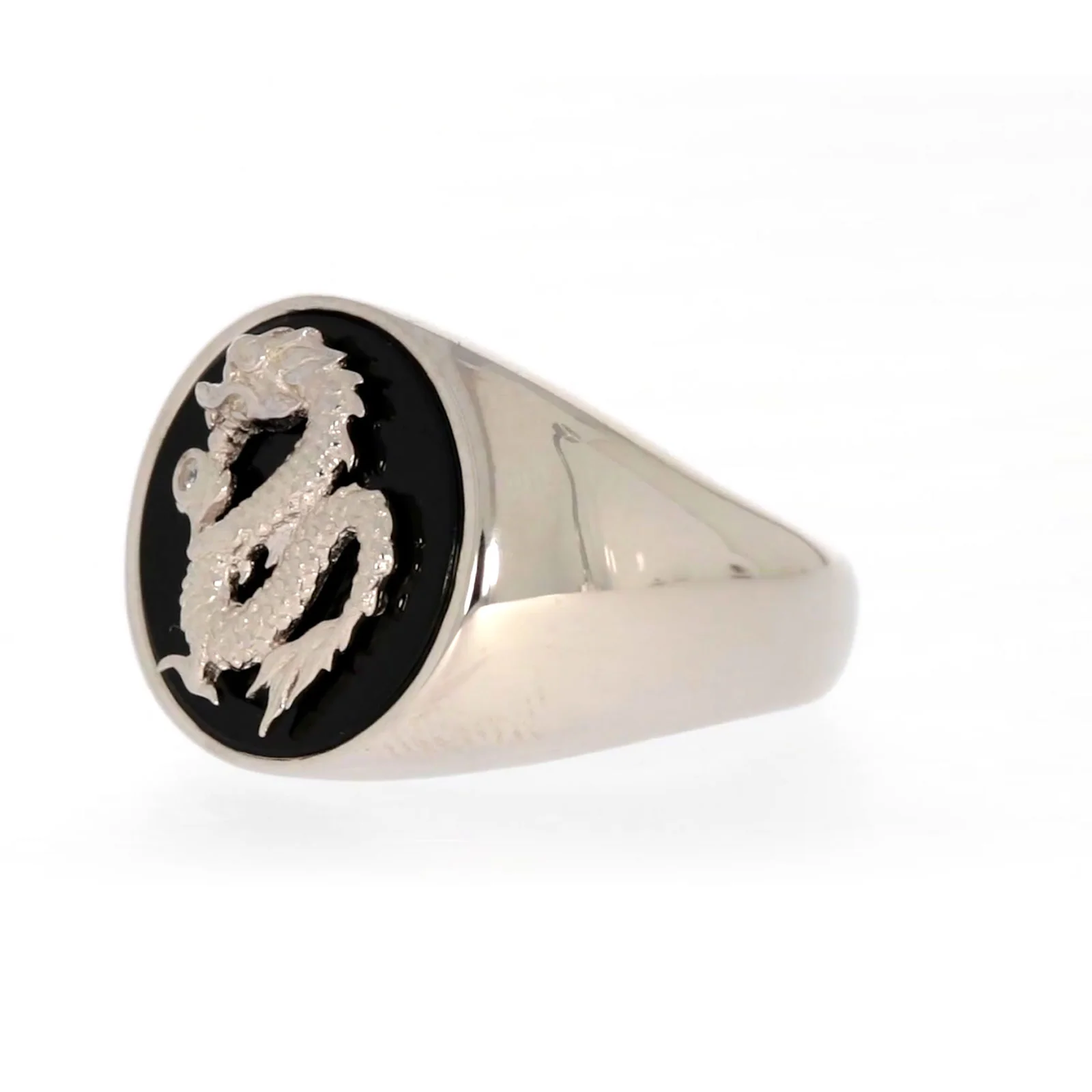 Sterling Silver Cubic Zirconia & Black Onyx Dragon Signet Mens Ring - Image 11