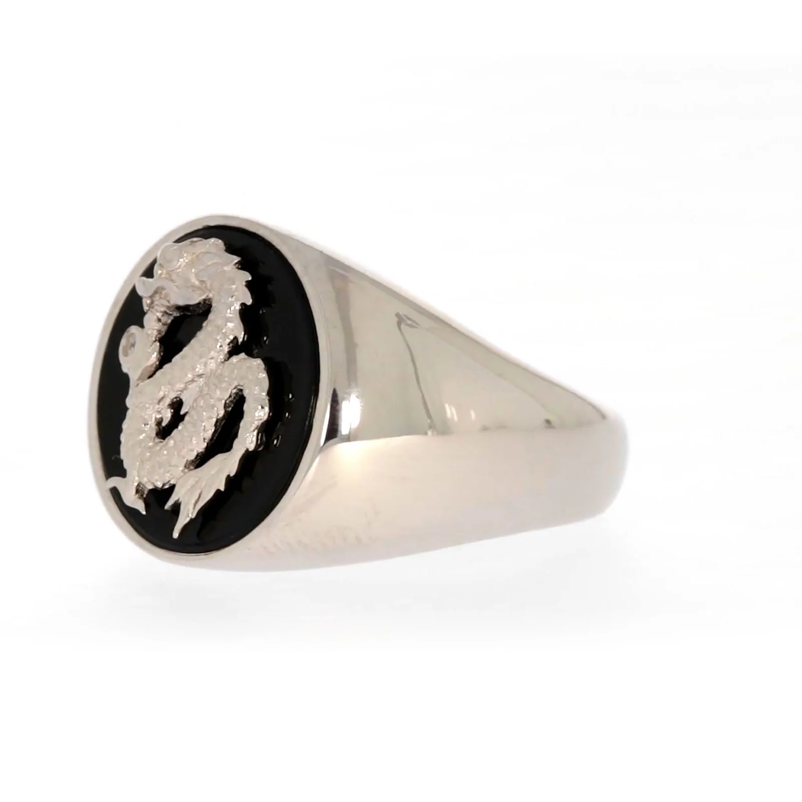 Sterling Silver Cubic Zirconia & Black Onyx Dragon Signet Mens Ring - Image 12