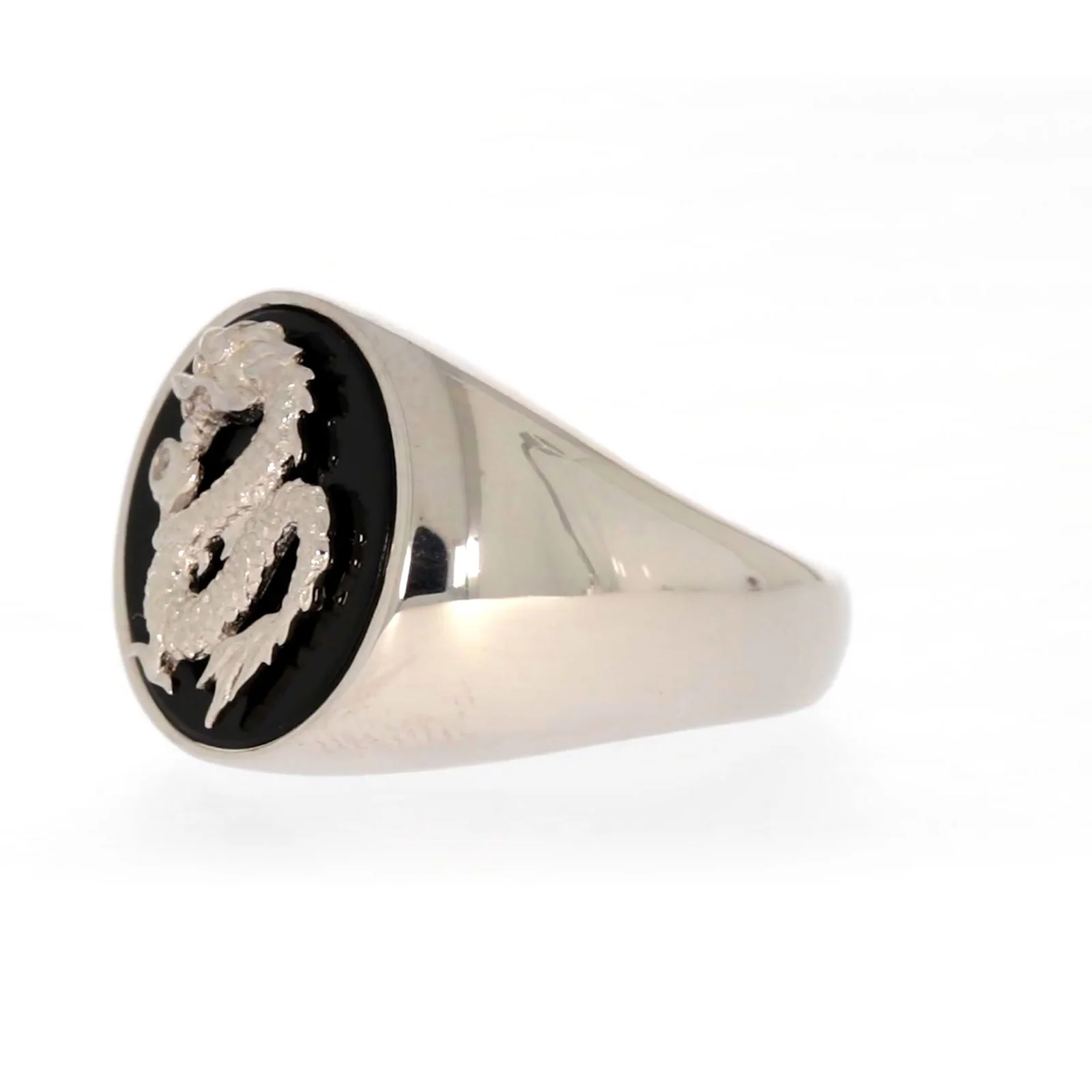 Sterling Silver Cubic Zirconia & Black Onyx Dragon Signet Mens Ring - Image 13