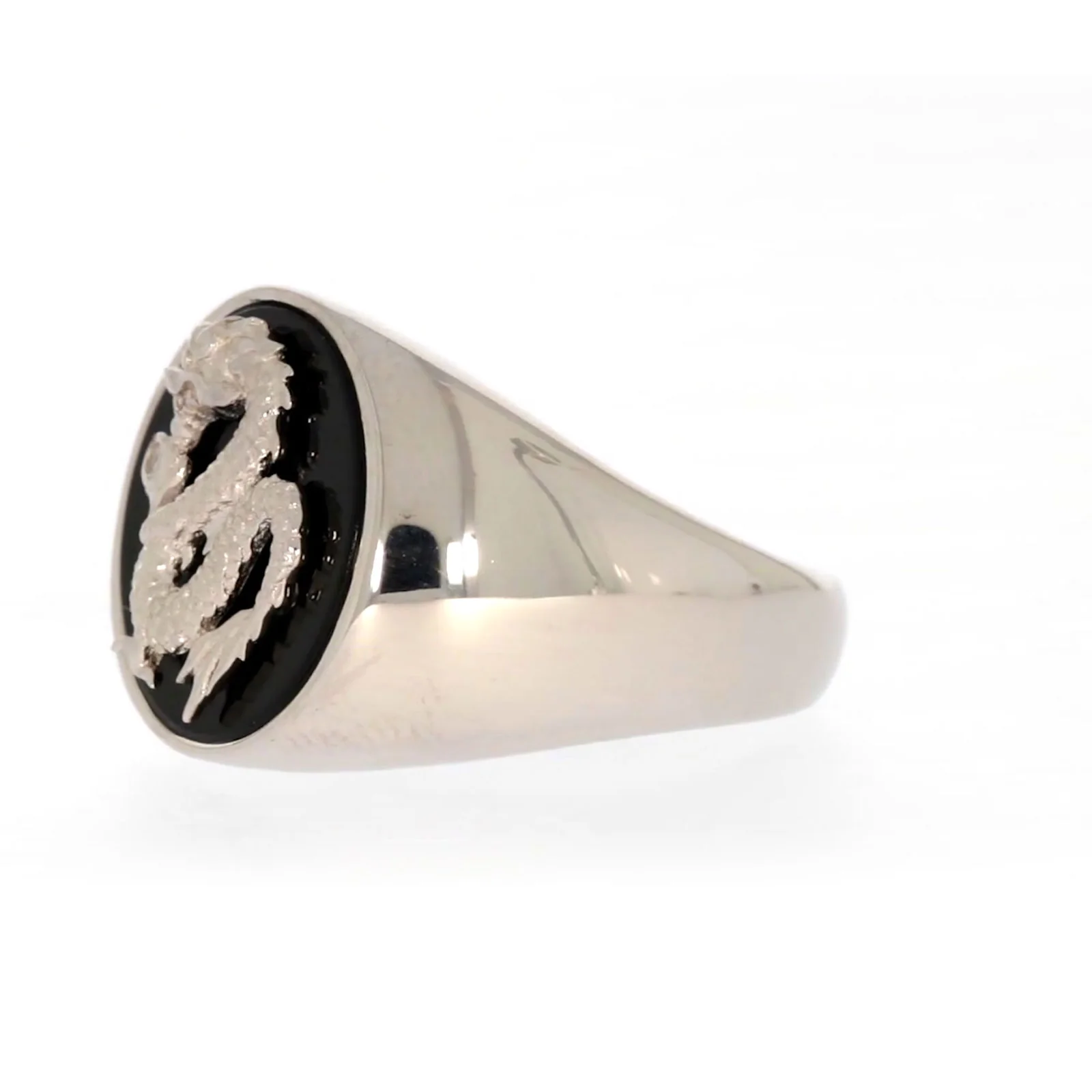 Sterling Silver Cubic Zirconia & Black Onyx Dragon Signet Mens Ring - Image 14