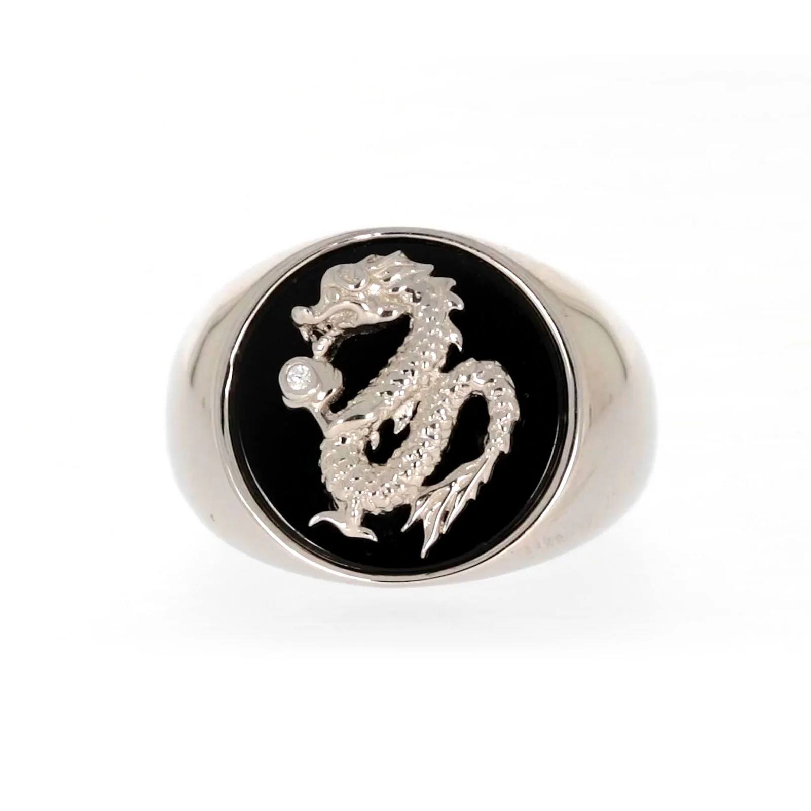 Sterling Silver Cubic Zirconia & Black Onyx Dragon Signet Mens Ring - Image 2