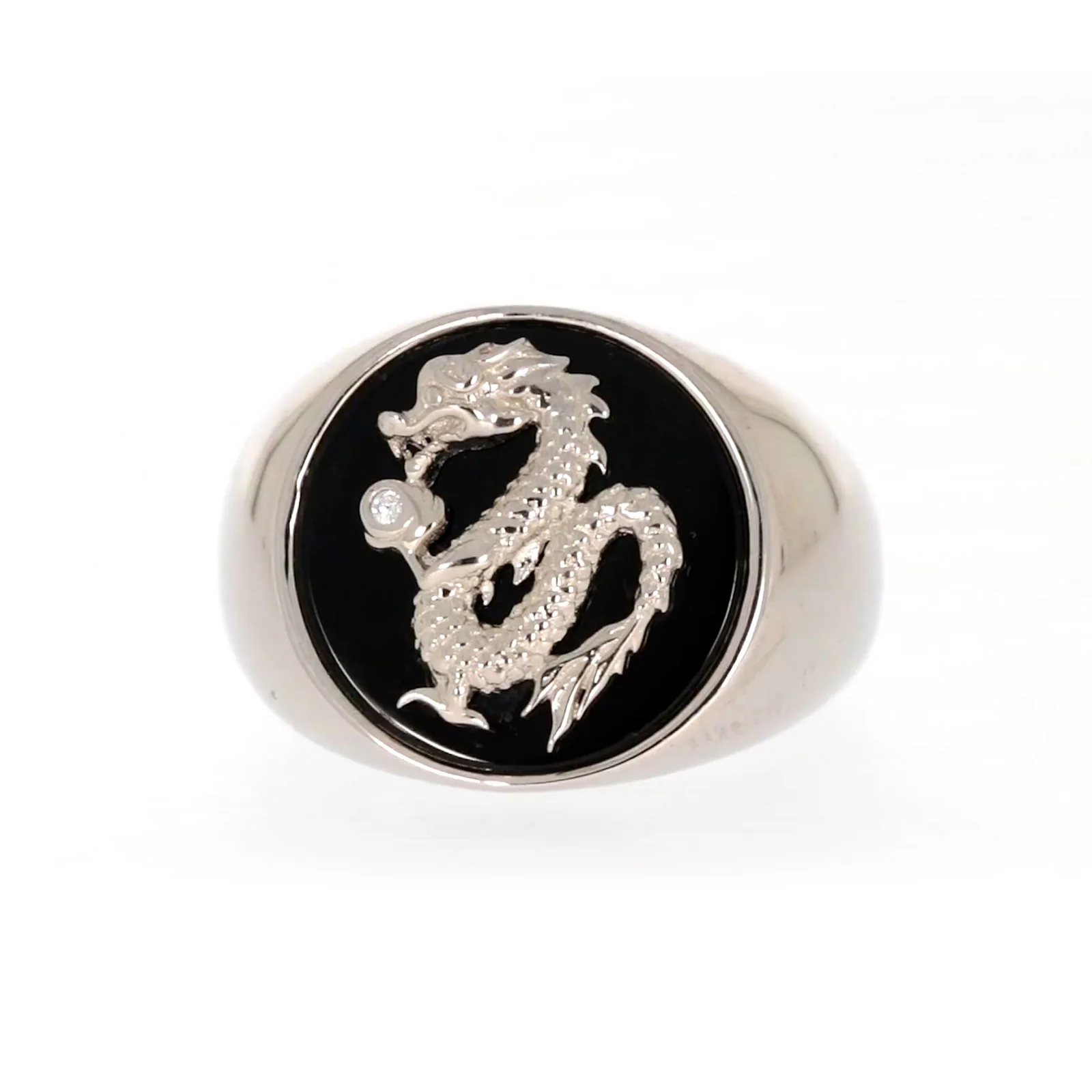 Sterling Silver Cubic Zirconia & Black Onyx Dragon Signet Mens Ring - Image 3