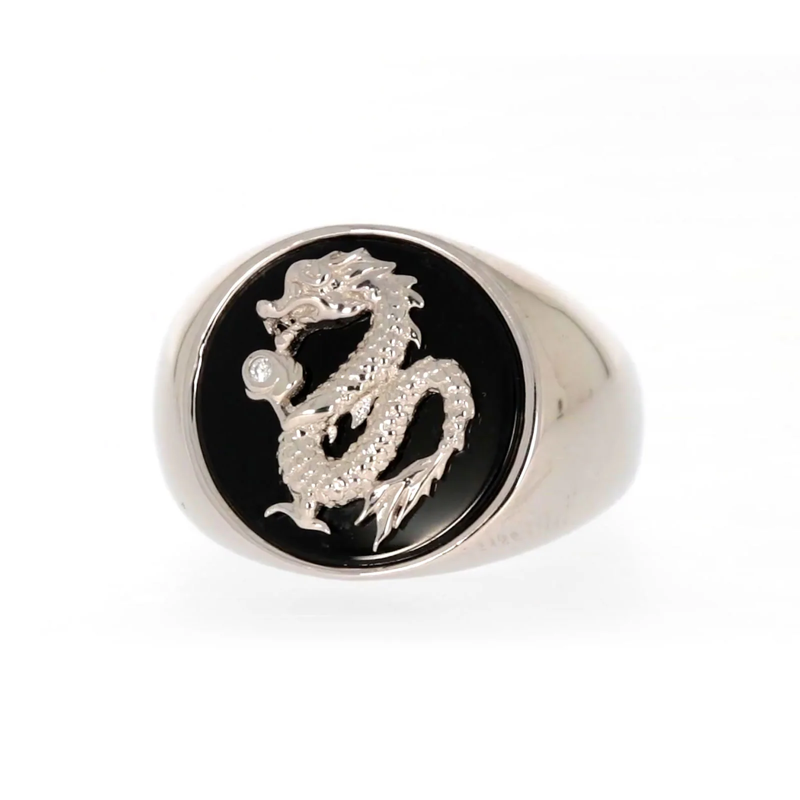 Sterling Silver Cubic Zirconia & Black Onyx Dragon Signet Mens Ring - Image 4