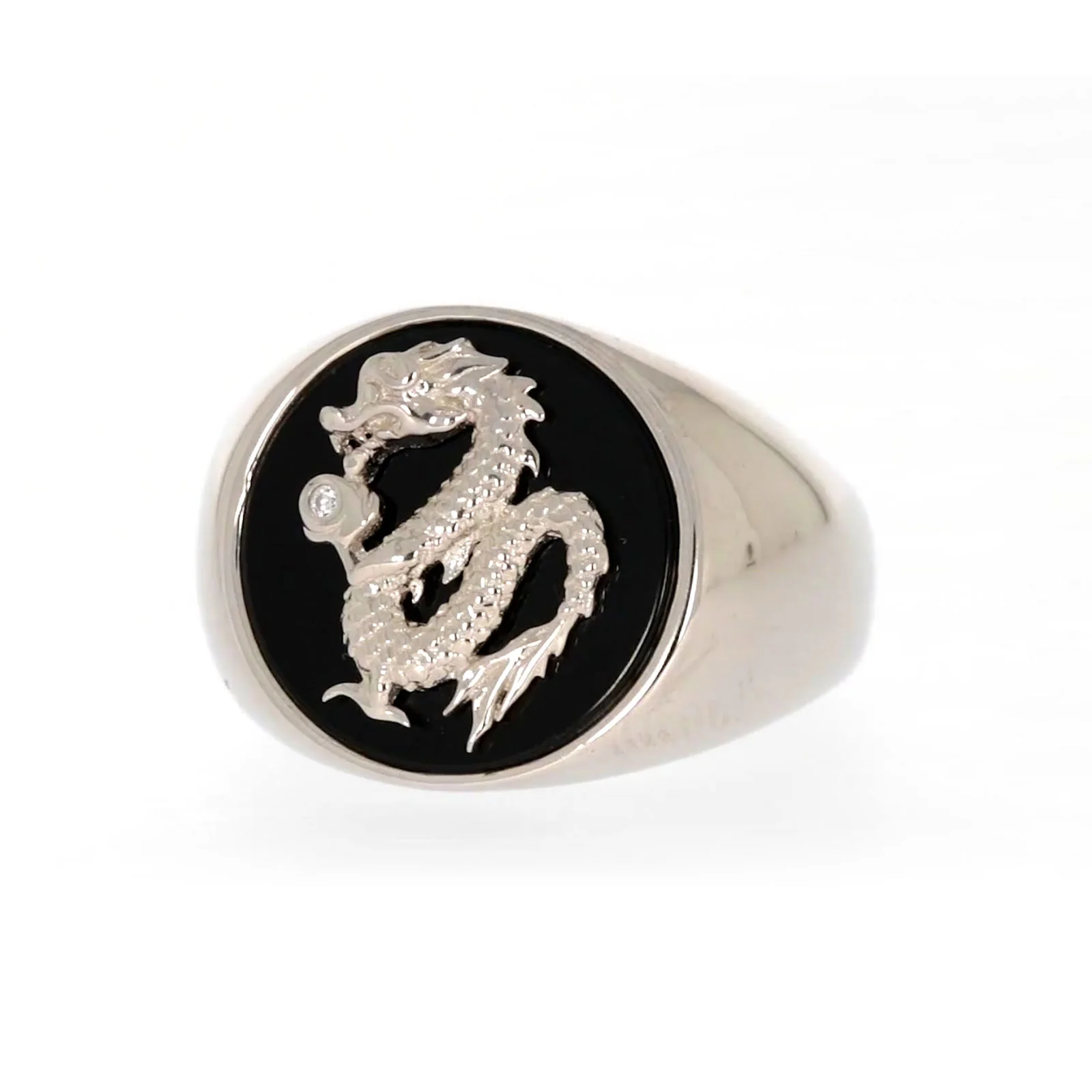 Sterling Silver Cubic Zirconia & Black Onyx Dragon Signet Mens Ring - Image 5