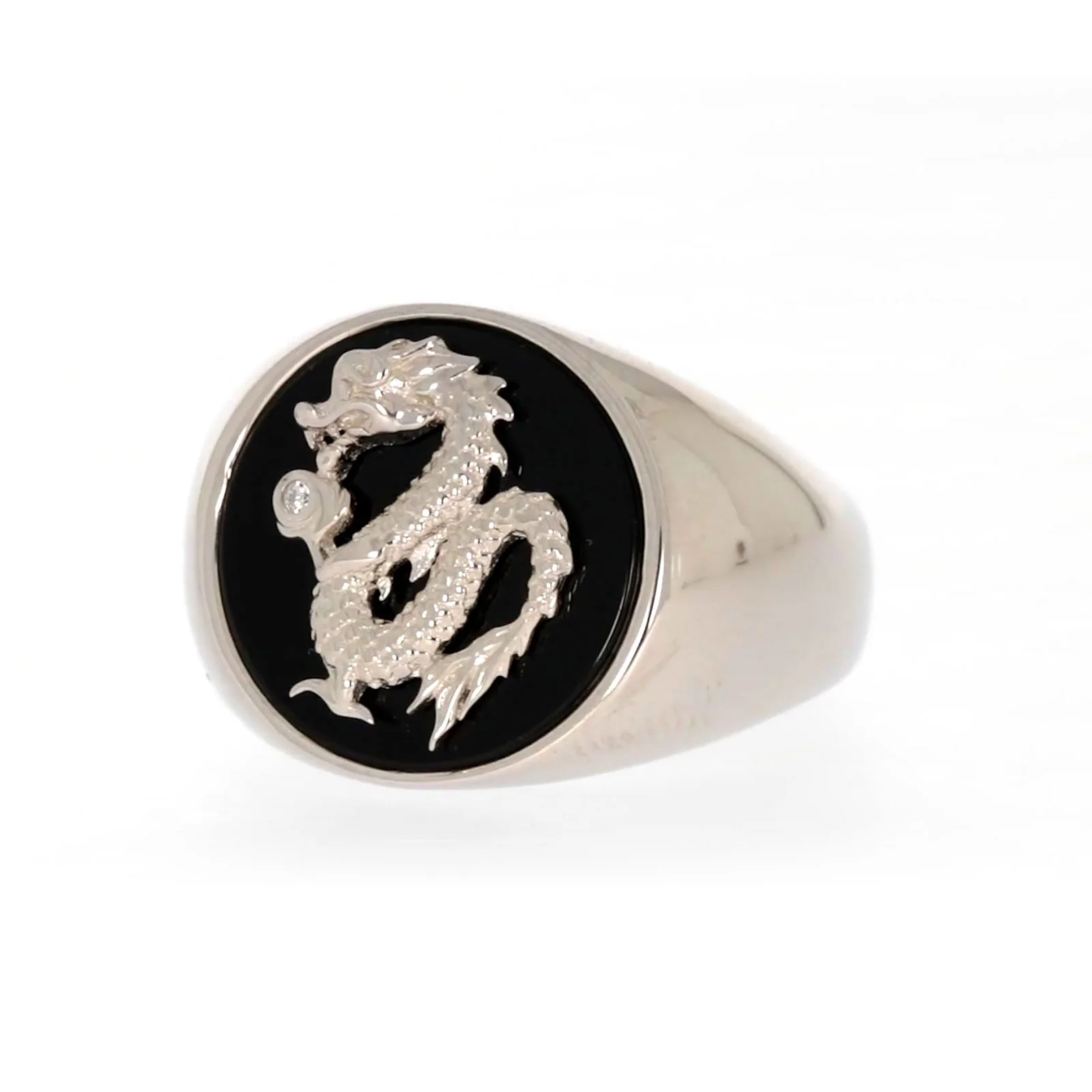 Sterling Silver Cubic Zirconia & Black Onyx Dragon Signet Mens Ring - Image 6