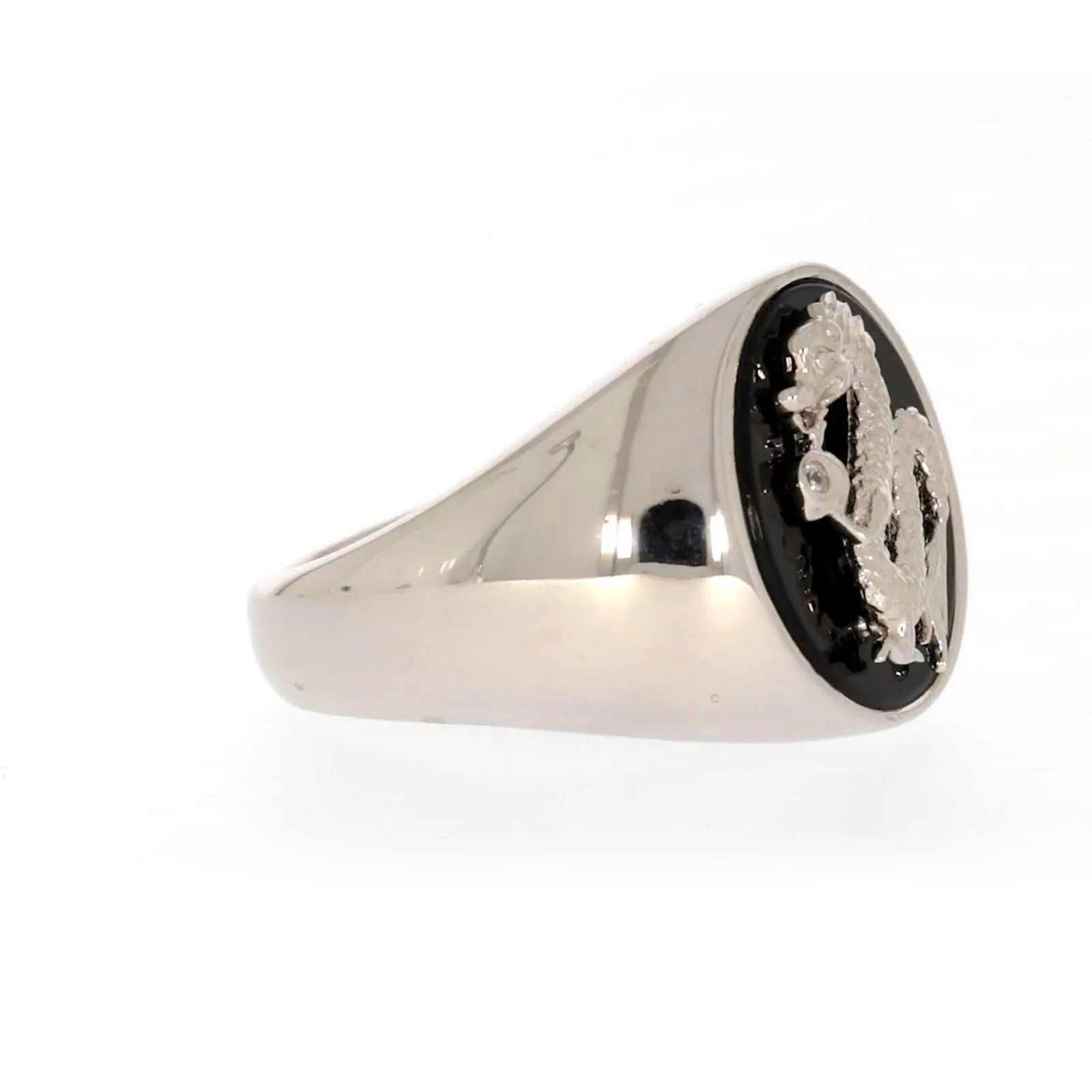 Sterling Silver Cubic Zirconia & Black Onyx Dragon Signet Mens Ring - Image 63