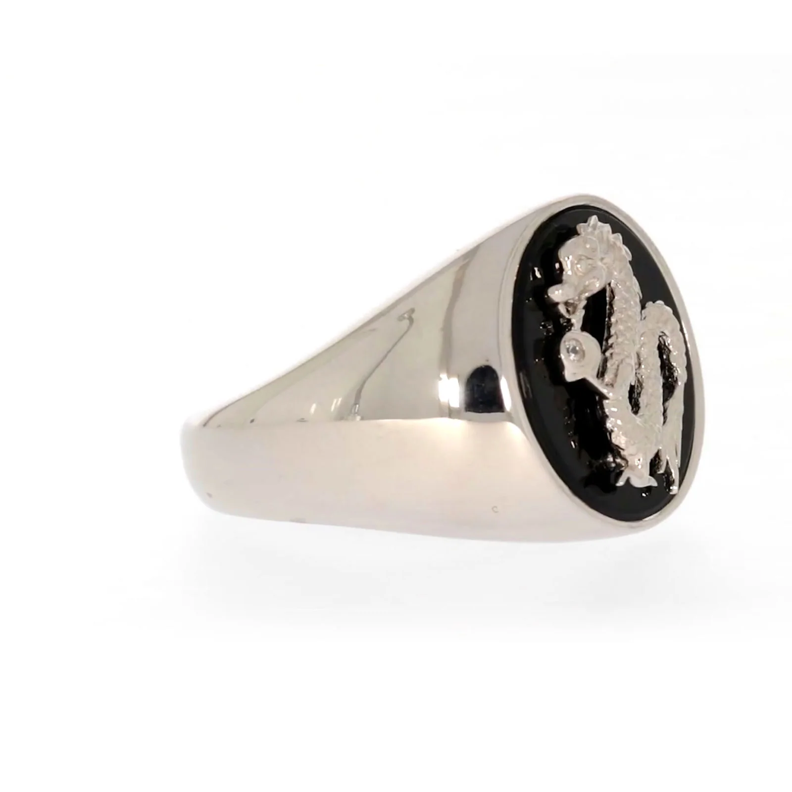 Sterling Silver Cubic Zirconia & Black Onyx Dragon Signet Mens Ring - Image 64