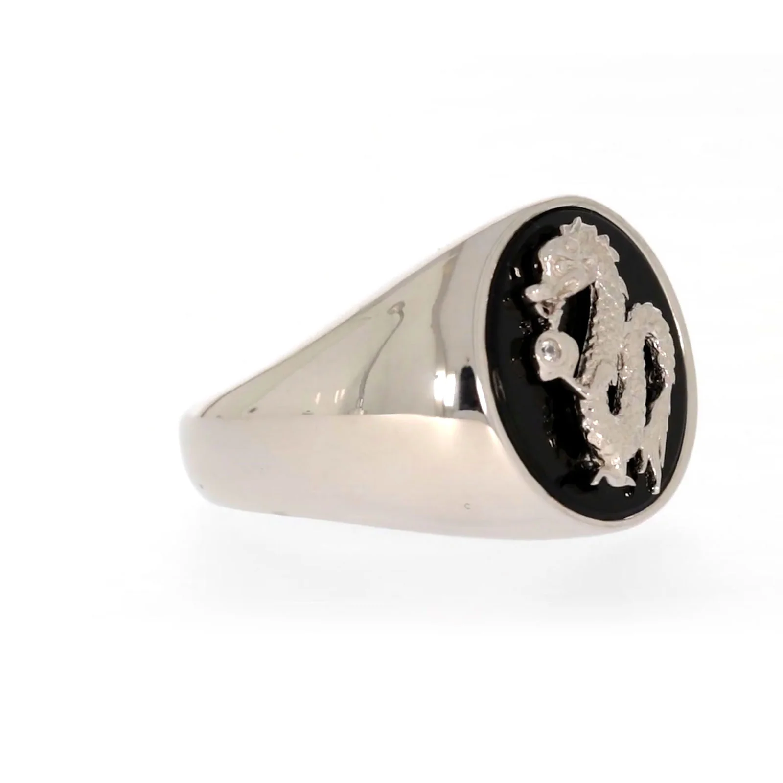 Sterling Silver Cubic Zirconia & Black Onyx Dragon Signet Mens Ring - Image 65