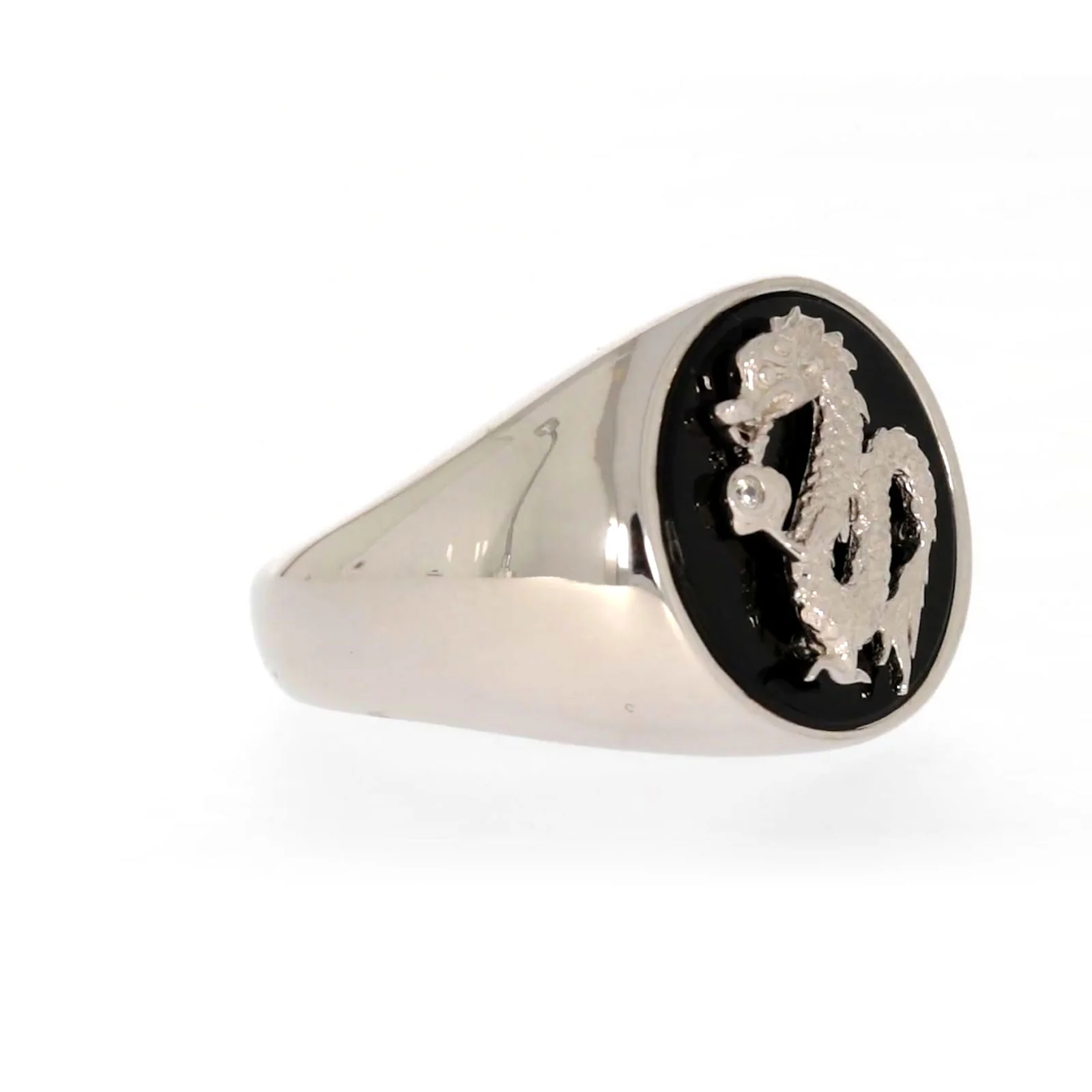 Sterling Silver Cubic Zirconia & Black Onyx Dragon Signet Mens Ring - Image 66
