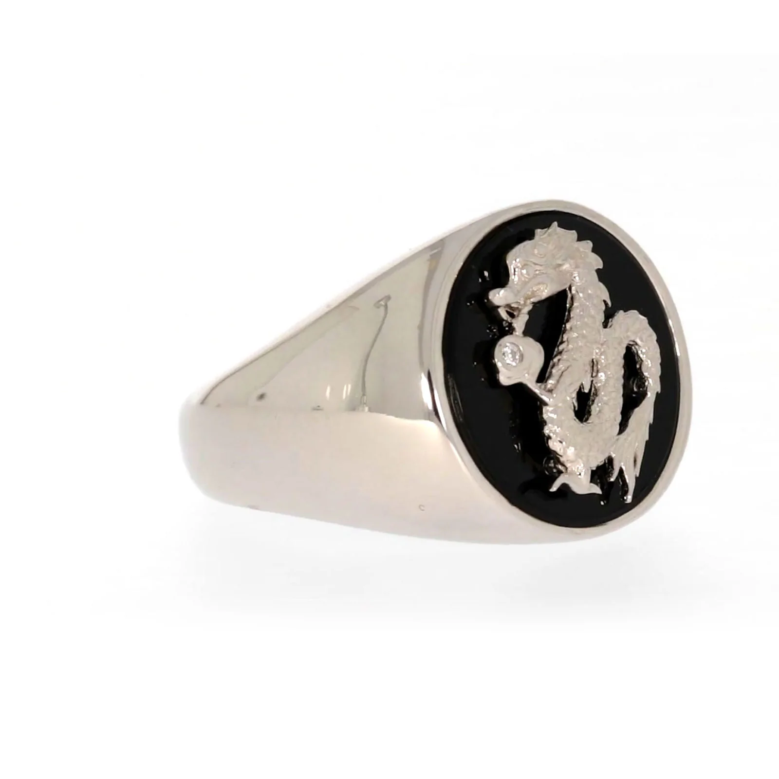 Sterling Silver Cubic Zirconia & Black Onyx Dragon Signet Mens Ring - Image 67