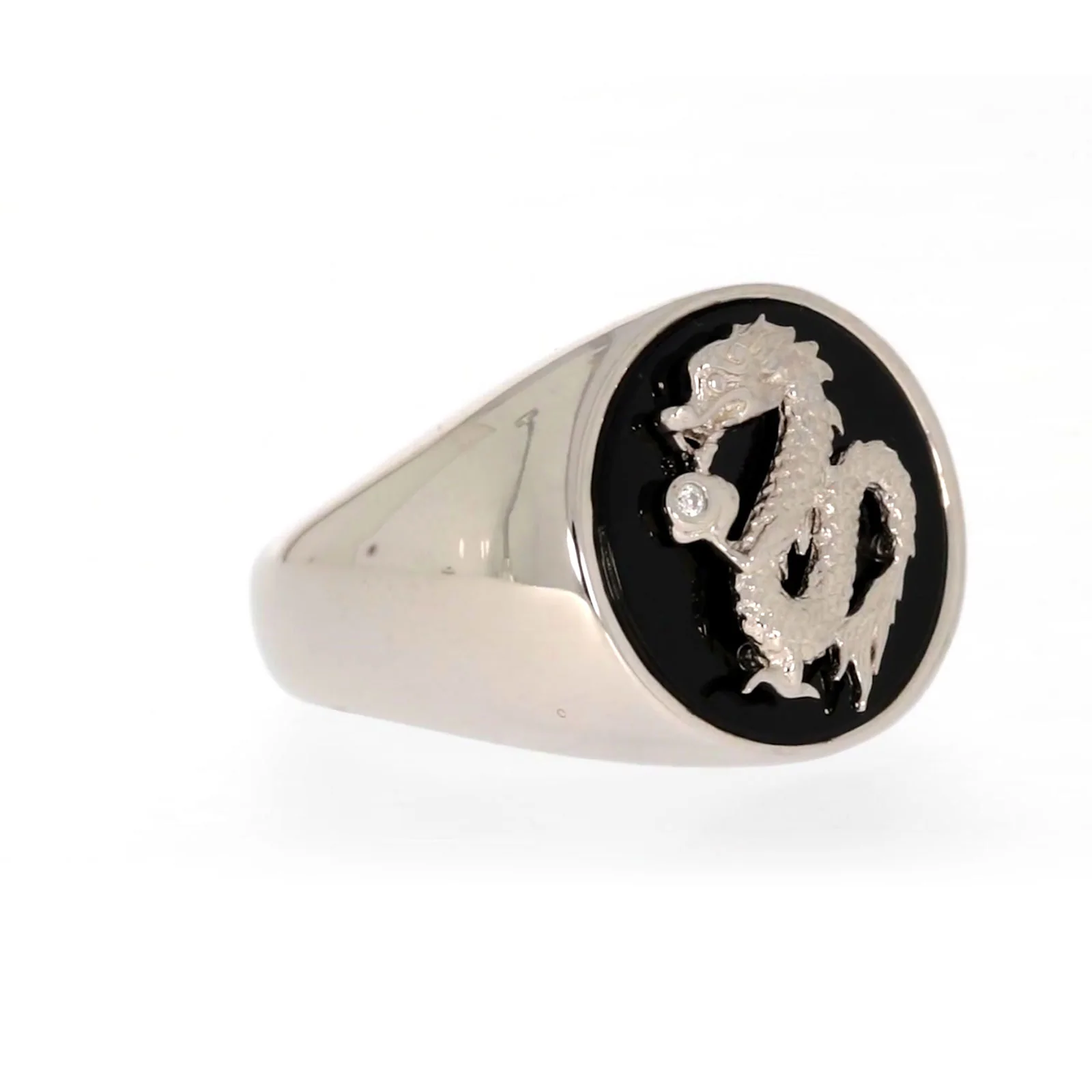 Sterling Silver Cubic Zirconia & Black Onyx Dragon Signet Mens Ring - Image 68